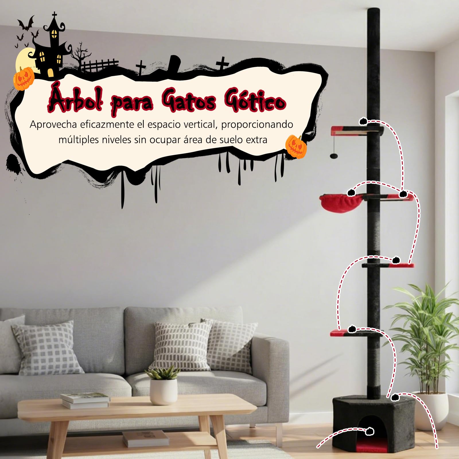 GOPLUS Árbol Rascador para Gatos Gótico de Suelo a Techo, Torre para Gatos de 5 Niveles con Altura Ajustable de 245-300 cm, Condominio, Hamaca, Bola Colgante, Centro de Actividades