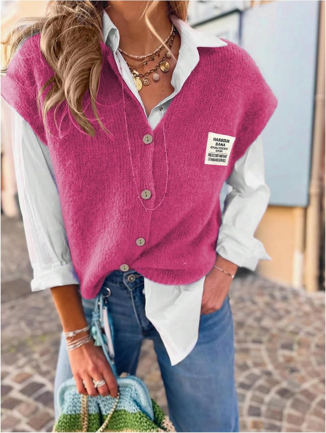 GORGLITTER Women's Short Sleeve Button Up Sweater Vest Tops Fall Cozy Casual Trendy Patched Crew Neck Knit Cardigan Top - Image 2