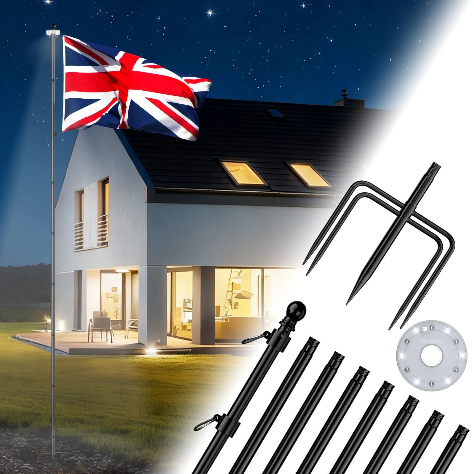 ZMTECH 10FT Flag Pole with Solar Light for Garden, 300cm Heavy Duty Flagpole with 5 Prongs Holder, Extra Thick Flag Pole Kit for Outdoor(Black, Without Flag)