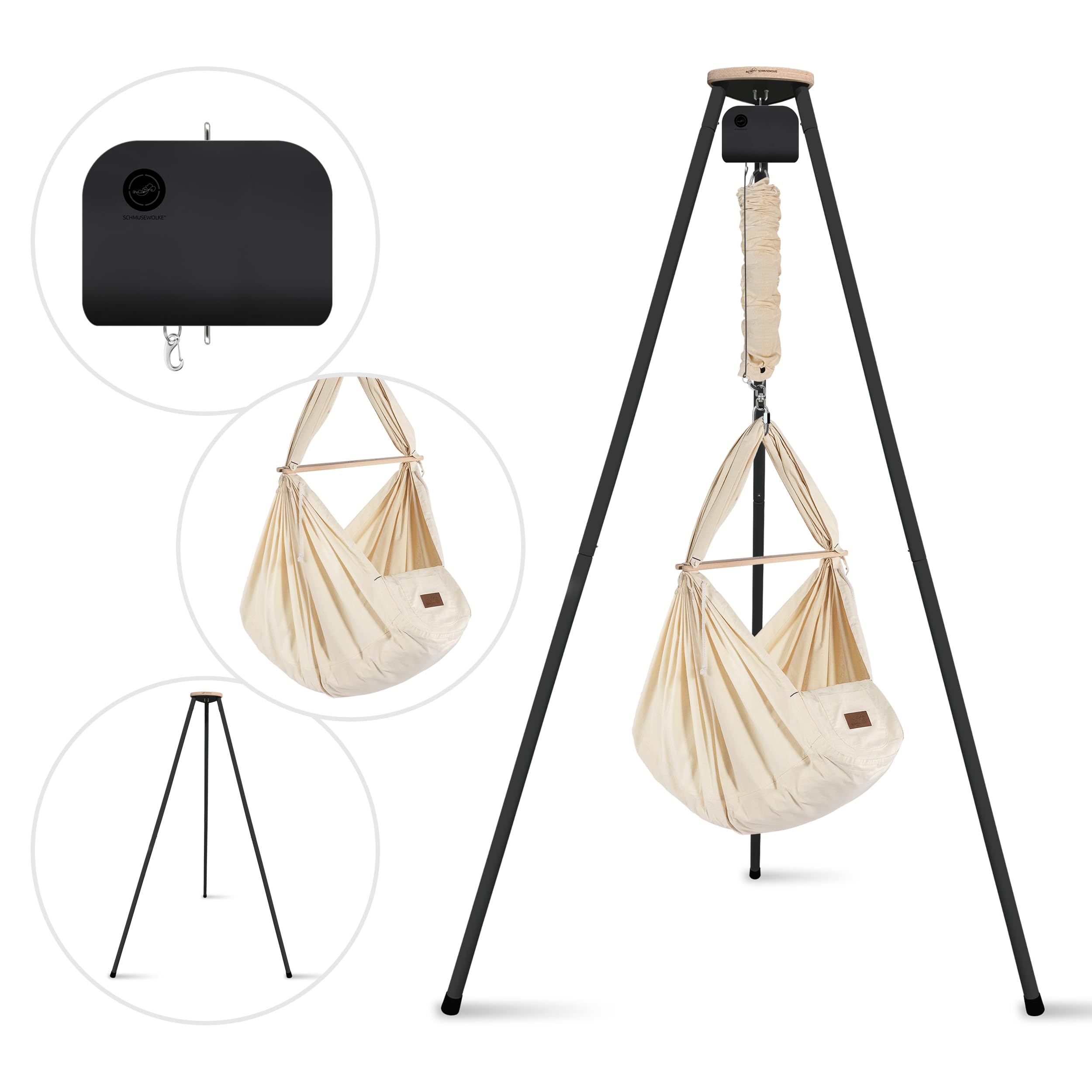 SCHMUSEWOLKE Federwiege Bio mit Tipi Anthrazit und Anthrazit Motor - für Babys ab Geburt bis 15 kg - Federwiegen-Set mit Gestell und Motor - mit Schafwollmatratze