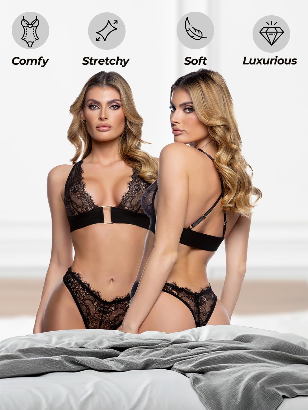 Roma Confidential Bra and Panty Sets for Women, Fever Dream 2 Piece Lace Bralette and Panty in Chantilly Eyelash Lace
