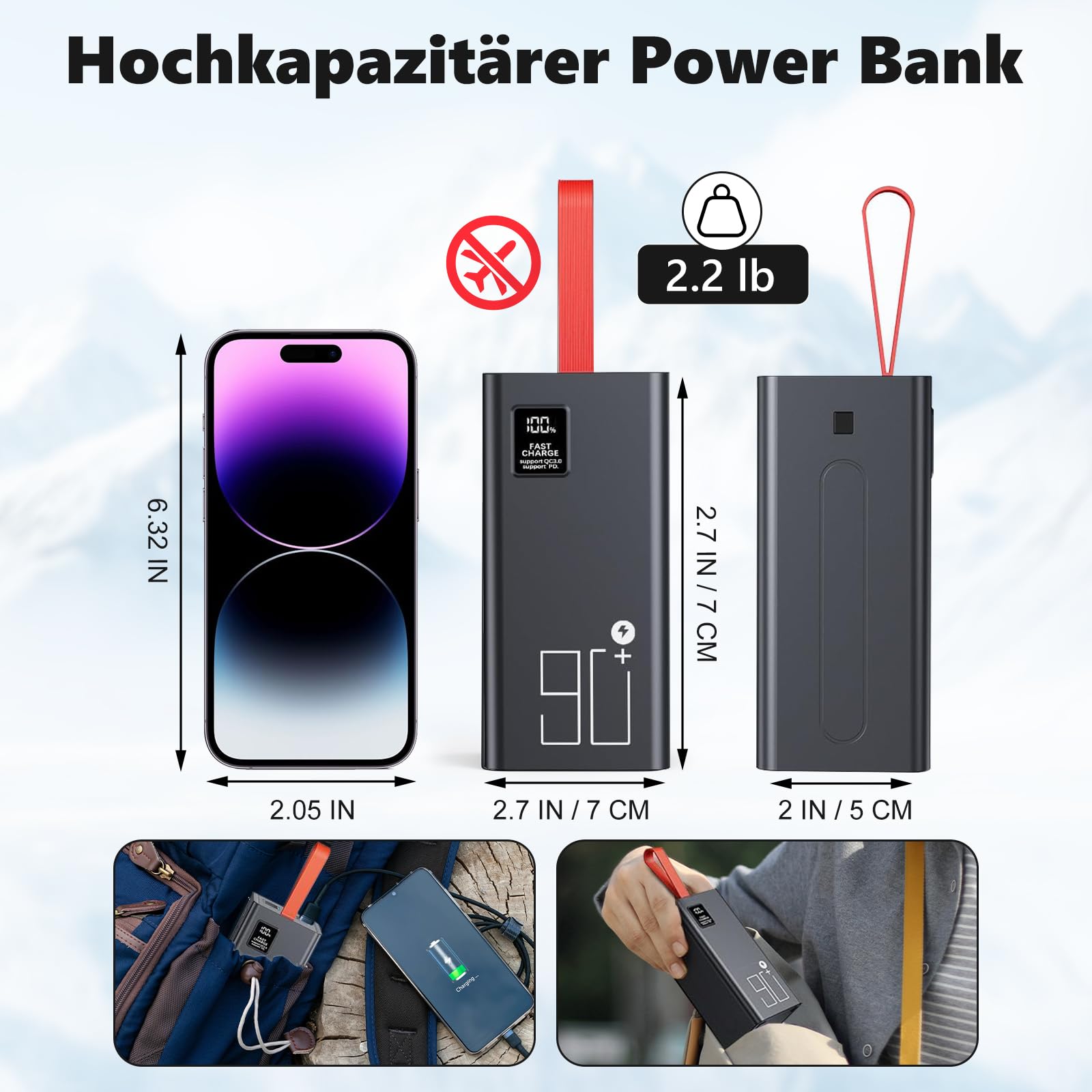 90000mAh Power Bank, Große Kapazität Camping Powerbank | 22.5W Schnellladung, 5 Ausgängen & 2 Eingängen, LED Display, USB-C Externer Akkupack Kompatibel mit iPhone & Mehr