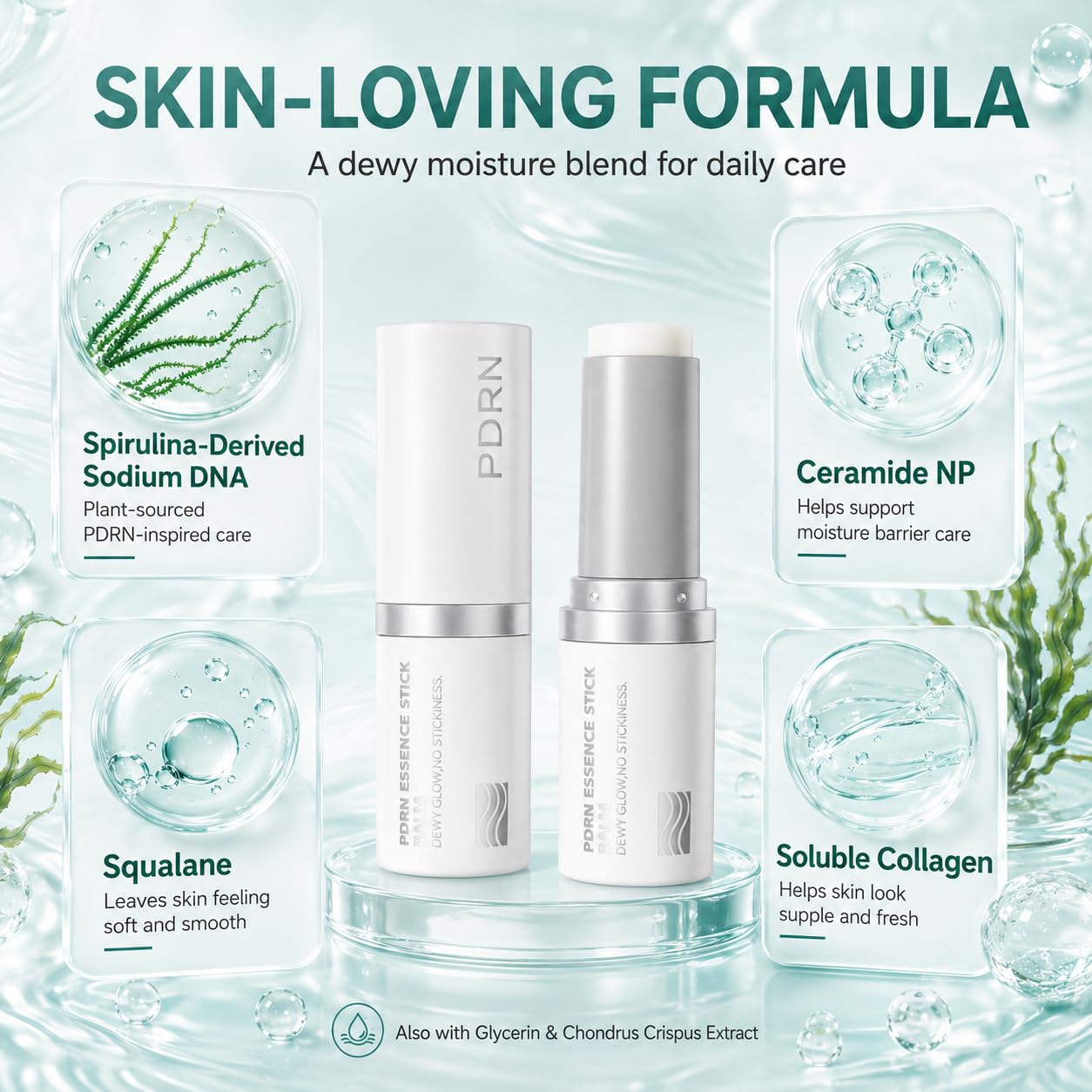 PDRN Essence Stick Balm, Plant-Derived PDRN Glow Stick with Spirulina-Derived Sodium DNA, Moisturizing Face Balm Stick for Lips, Neck & Dry Areas, Dewy Non-Sticky Multi Balm, 0.32 oz (Pack of 1) image 3