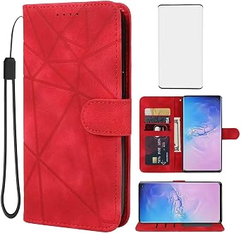 Case for Galaxy S10, Samsung S10 SM-G973U Wallet Case with Tempered Glass Screen Protector, Skin Feel PU Leather Flip Credit Card Holder Stand Phone Cover for Samsung Galaxy S10 Red