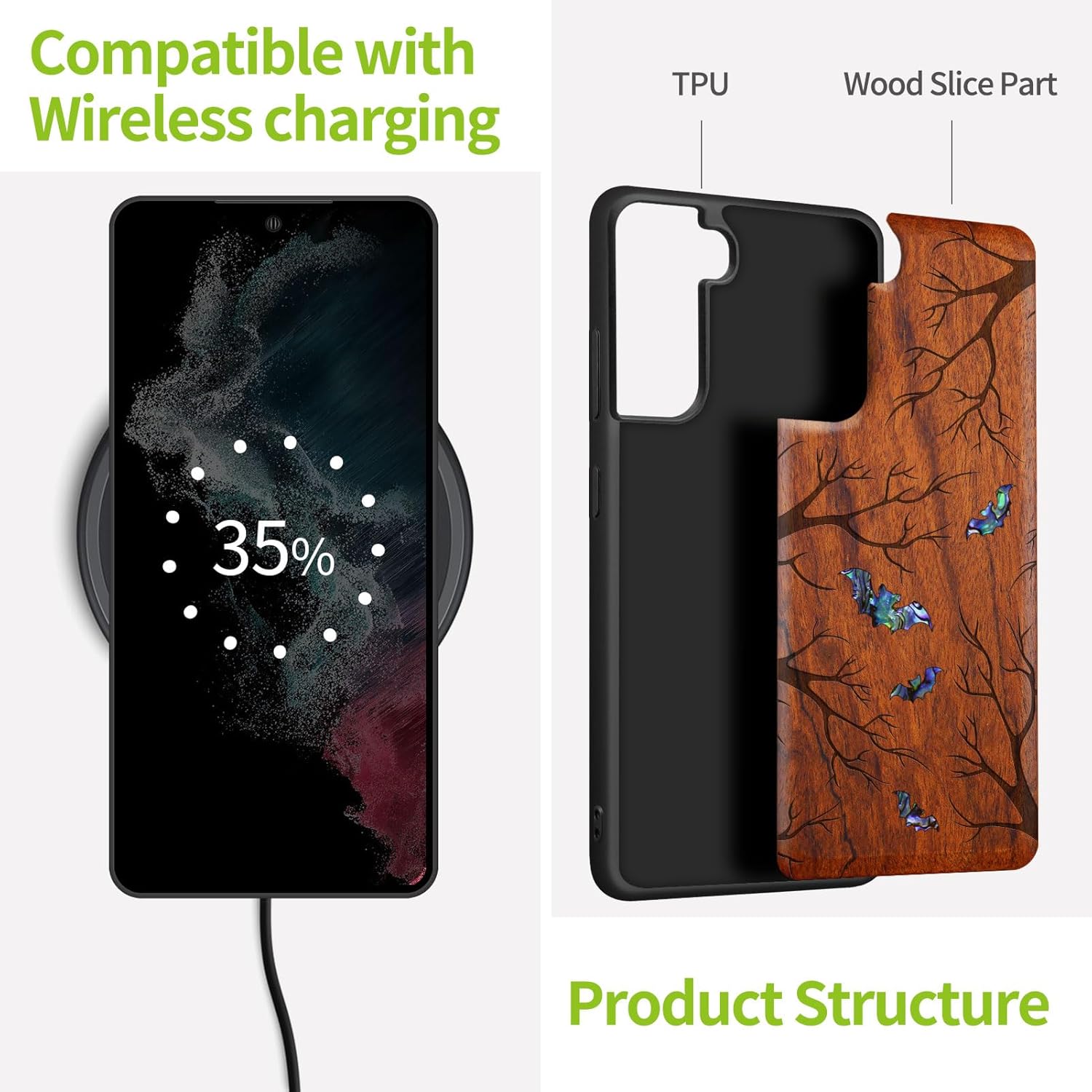 Carveit Designer Wooden Cover for Samsung Galaxy S22 Case [Wood Engraving & Shell Inlay] Compatible with Wireless Chargers S22 (Shadows of The Night-Rosy)