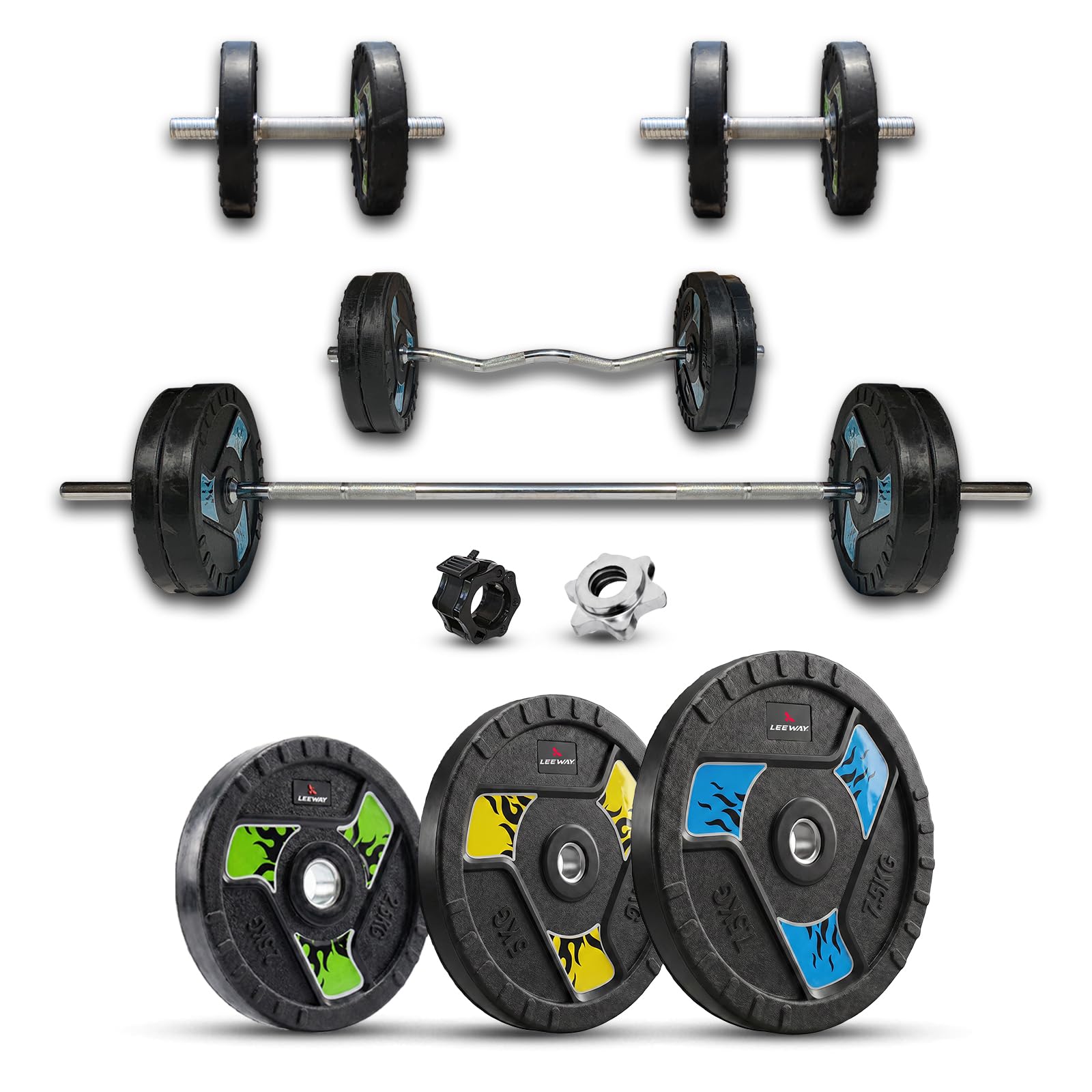 Leeway Home Gym Set | 60kg Rubber Weight Plates with 3Ft Curl Bar