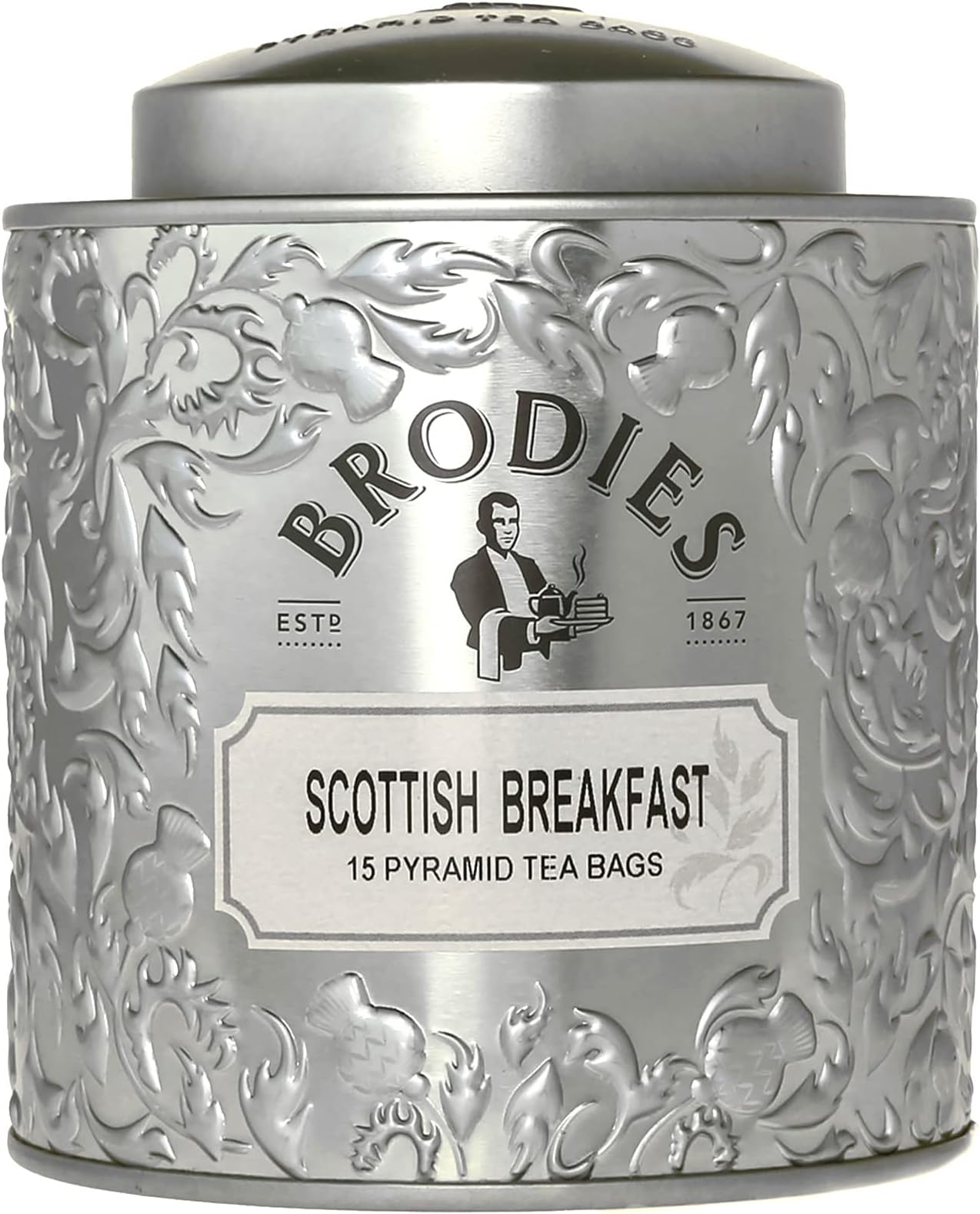 Scottish Breakfast Pyramid Tea - Gift Tin Caddy Silver Colour (15 Pyramid Tea Bags) - Brodies were the first to create the classic Scottish Breakfast Blend back in 1892