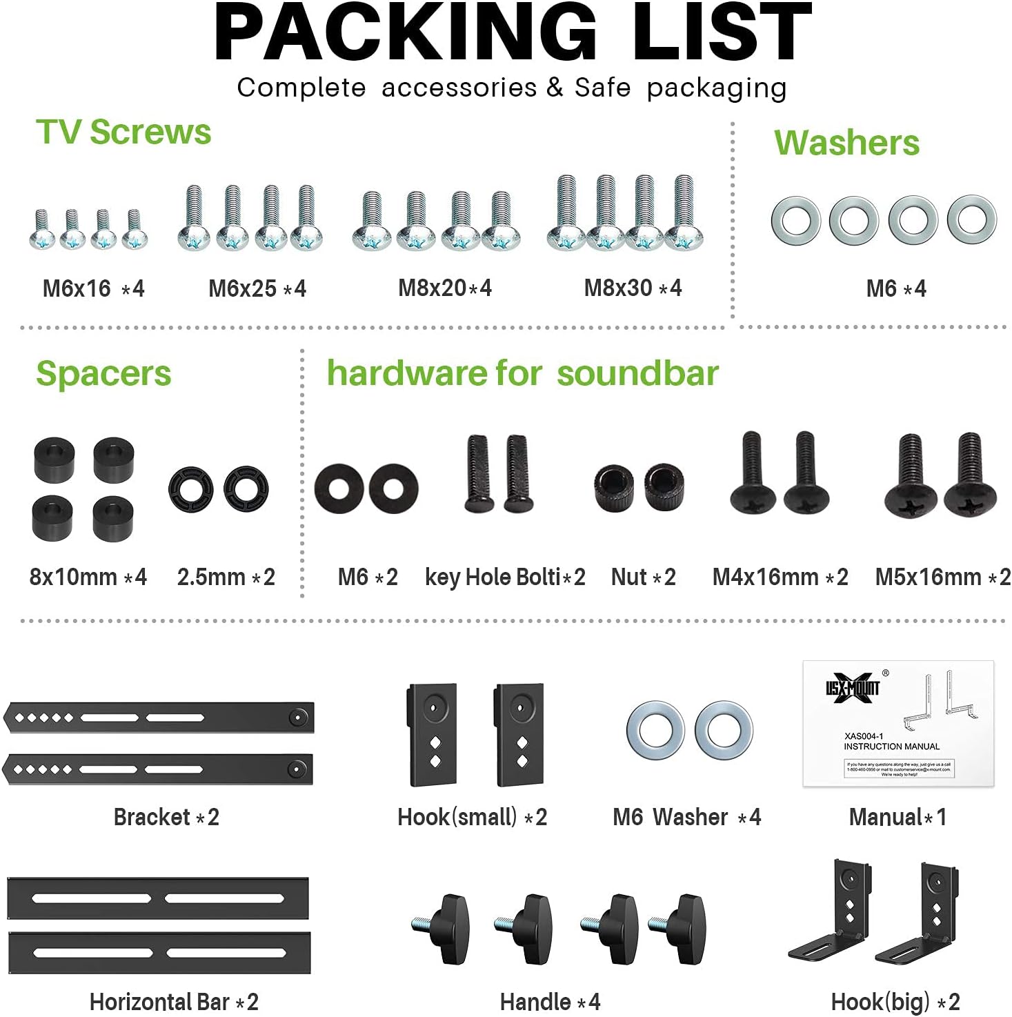 Detailed packing list of all components included with the USX MOUNT Soundbar Mount