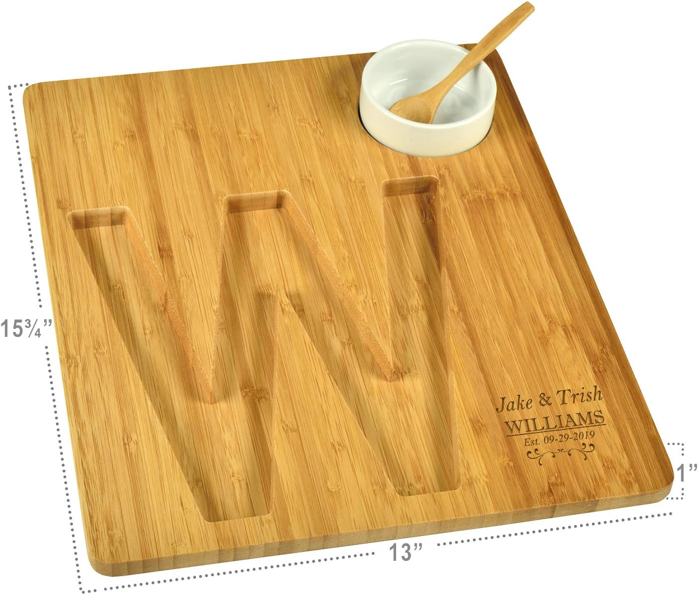 Picnic at Ascot Custom Personalized Alphabet Bamboo Cheese/Charcuterie Board with a Groove milled in the shape of a Letter for Crackers - Includes Ceramic Dip/Olive Bowl with bamboo spoon