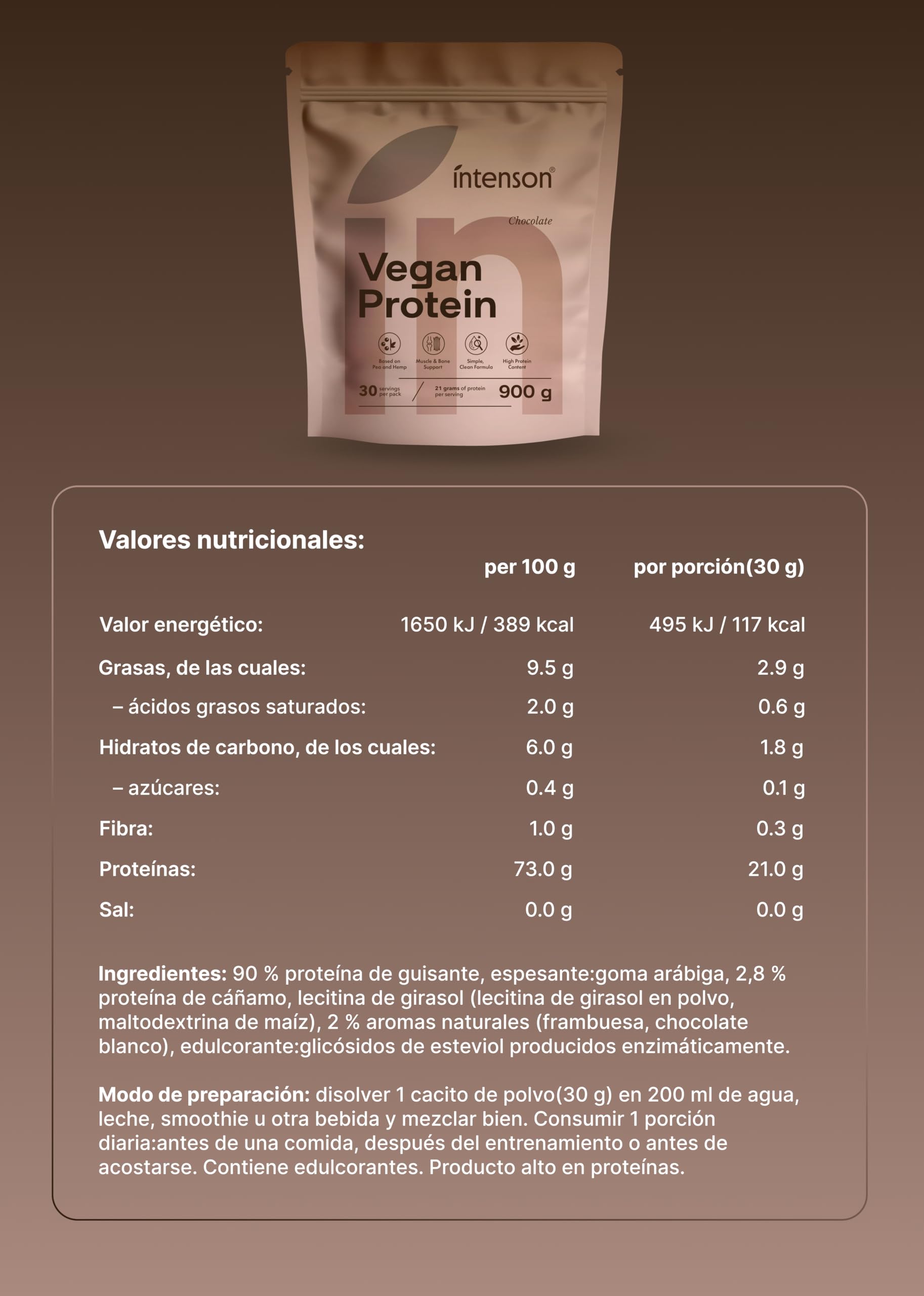 Intenson Vegan Protein Powder Chocolate, 900 g, 21 g de Proteína por Porción, 30 Porciones, Mezcla de Guisante y Cáñamo, 100% Vegetal, Sin Lactosa, Sin Gluten, Sin Azúcar, Fórmula Clean