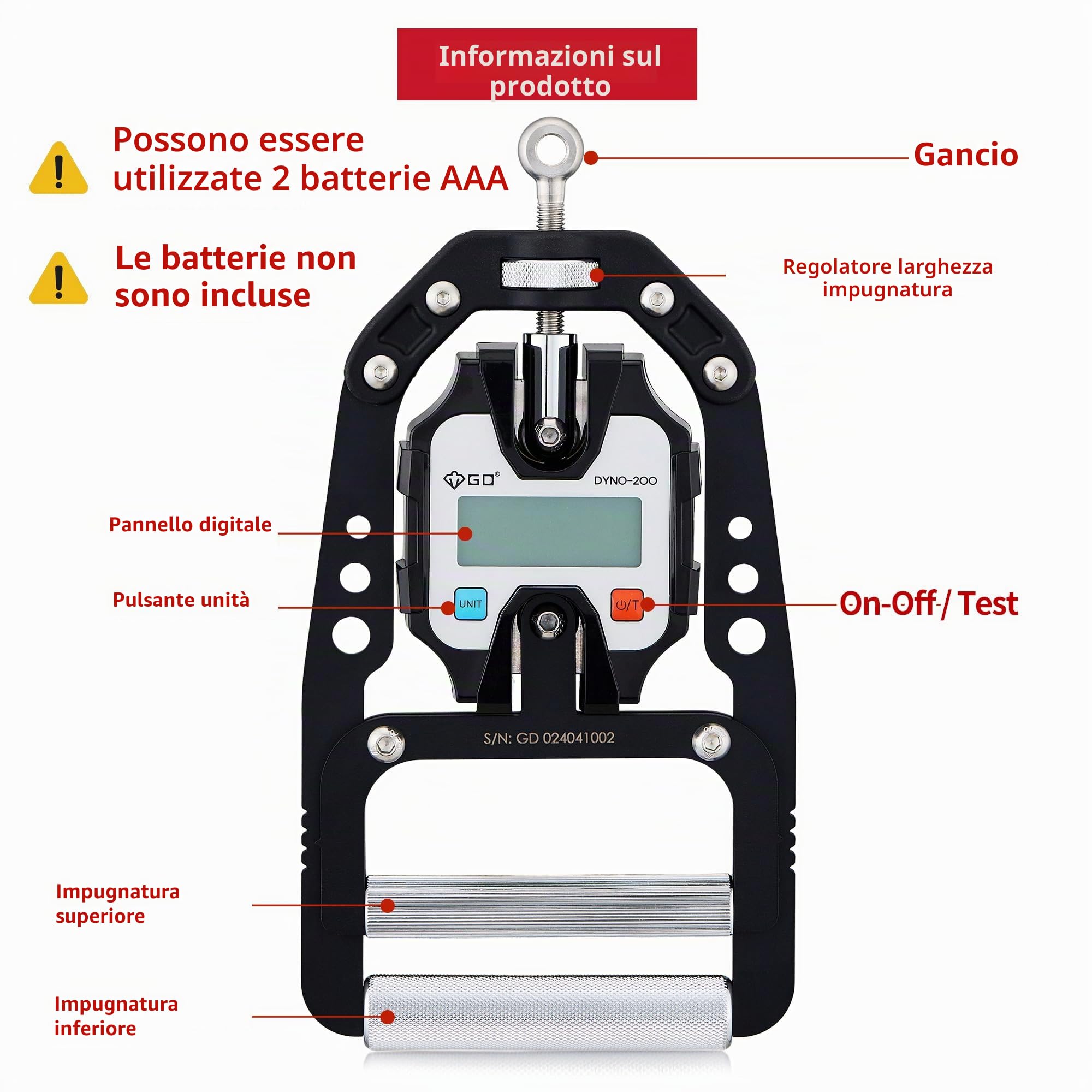 GD DYNO-150 - Dinamometro digitale digitale per misurare la forza della presa, tester elettronico per la forza della presa, per rafforzare la presa, 150 kg