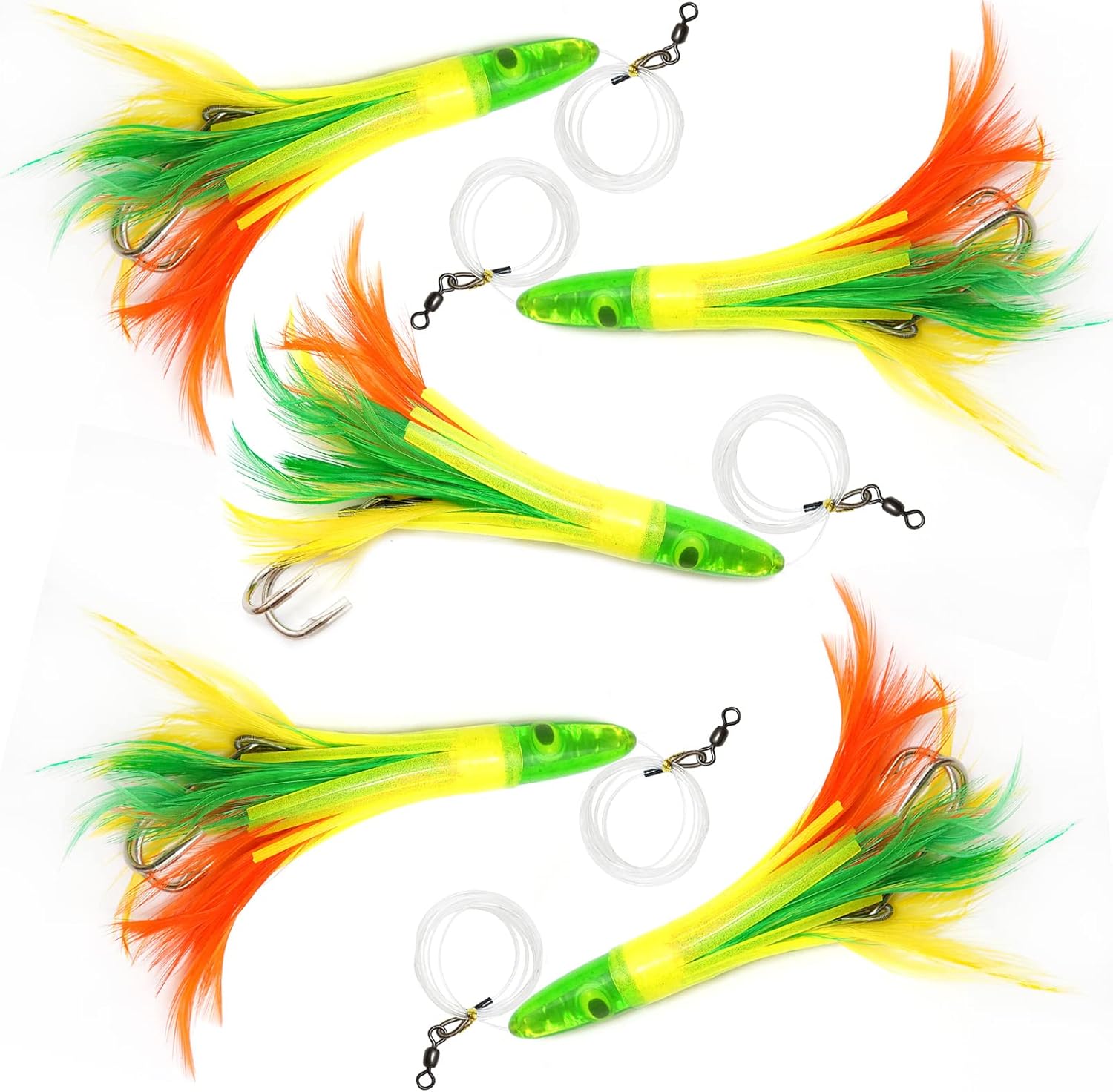 5pcs Fish WOW! 6" Fishing Tuna Feather Rig Trolling Bullet Jet Head Lure Zucchini