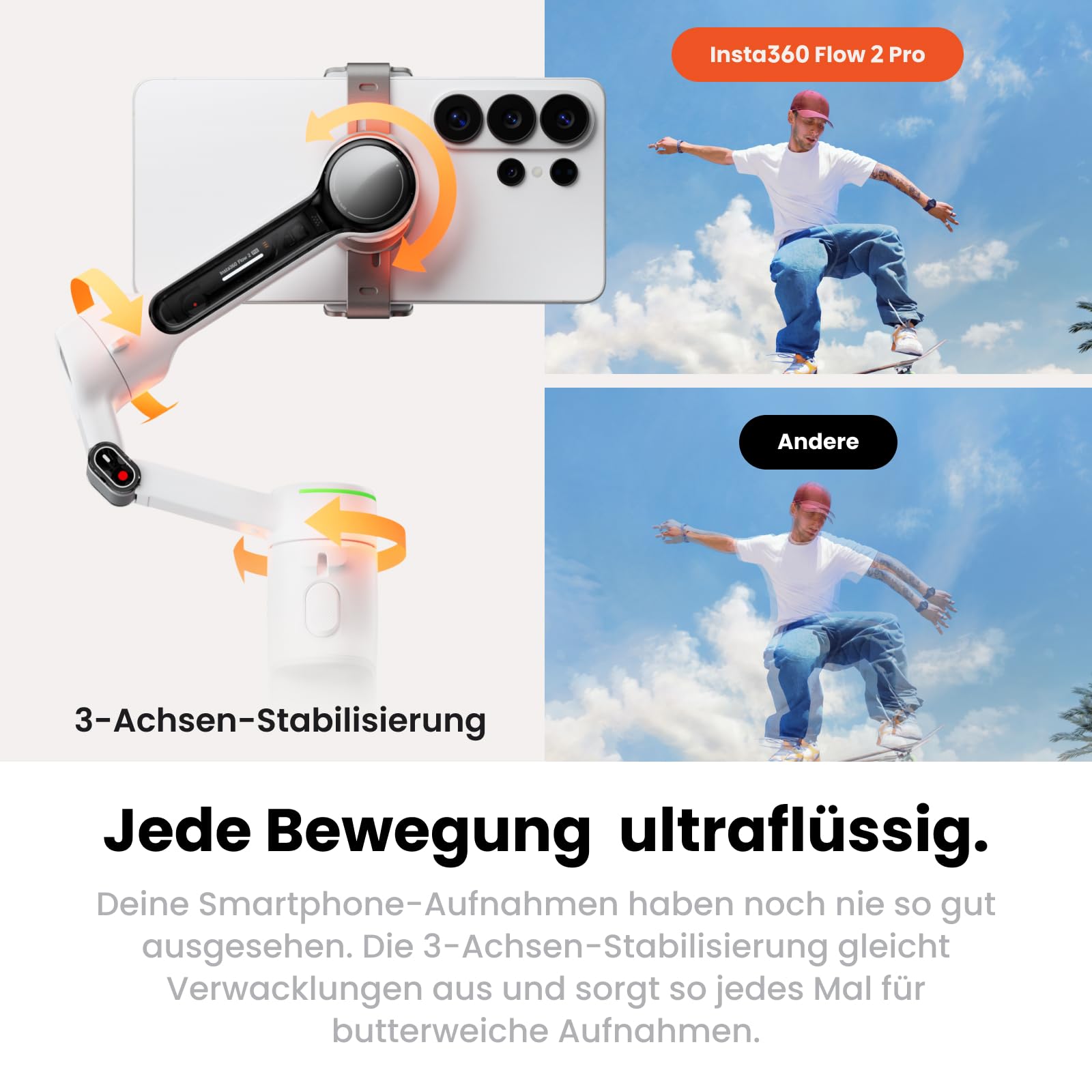 Insta360 Flow 2 Pro KI-Tracker-Bundle Schneeweiß– Erster KI-Smartphone-Gimbal mit Apple DockKit, smartes 360°-Schwenk-Tracking, frei neigbar, Stativ/Selfie-Stick integr.