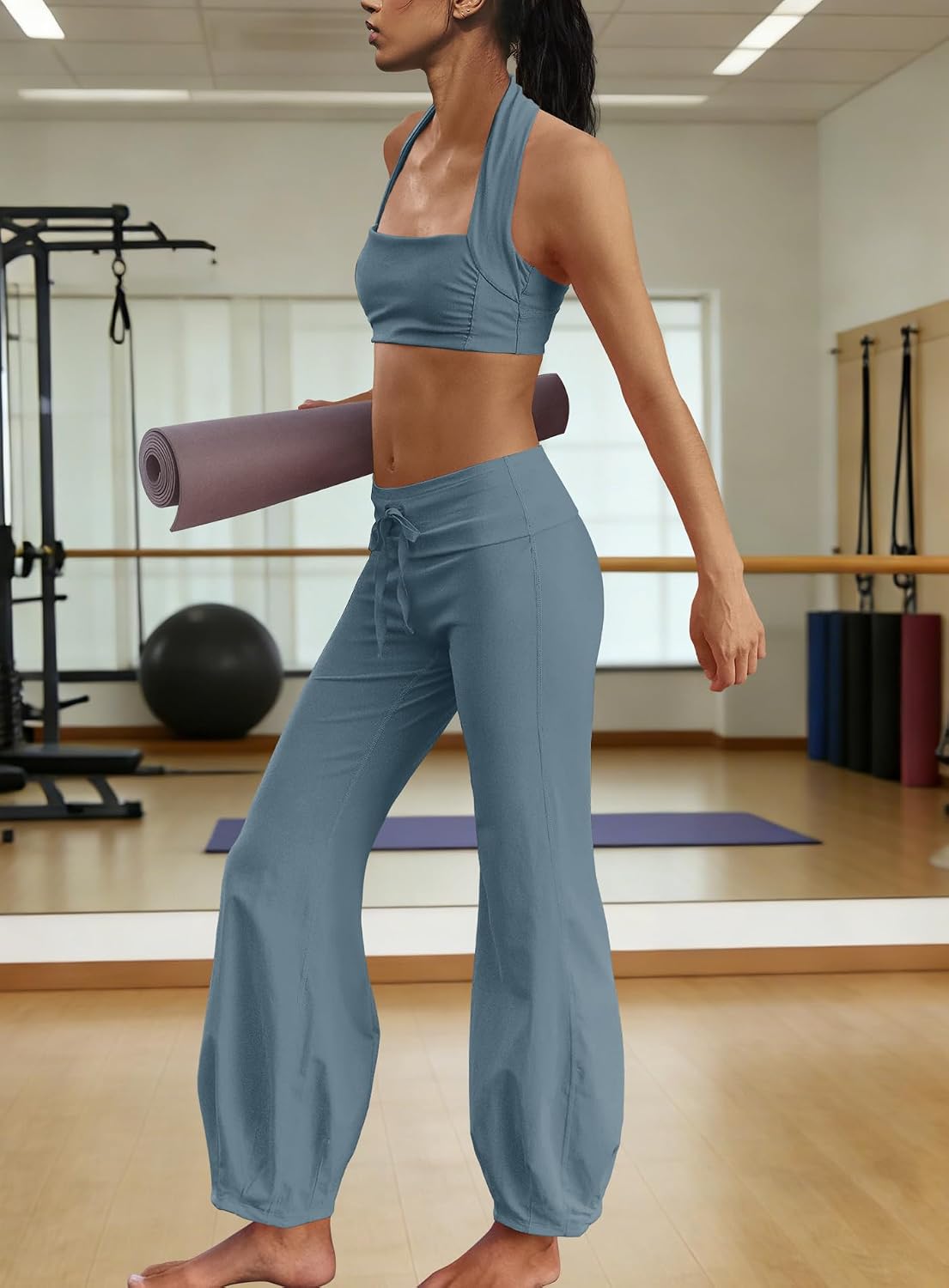 Panadila Women 2 Piece Yoga Sets Pilates Outfit Halter Sports Bra Fold Over Flare Leggings Matching Workout Set