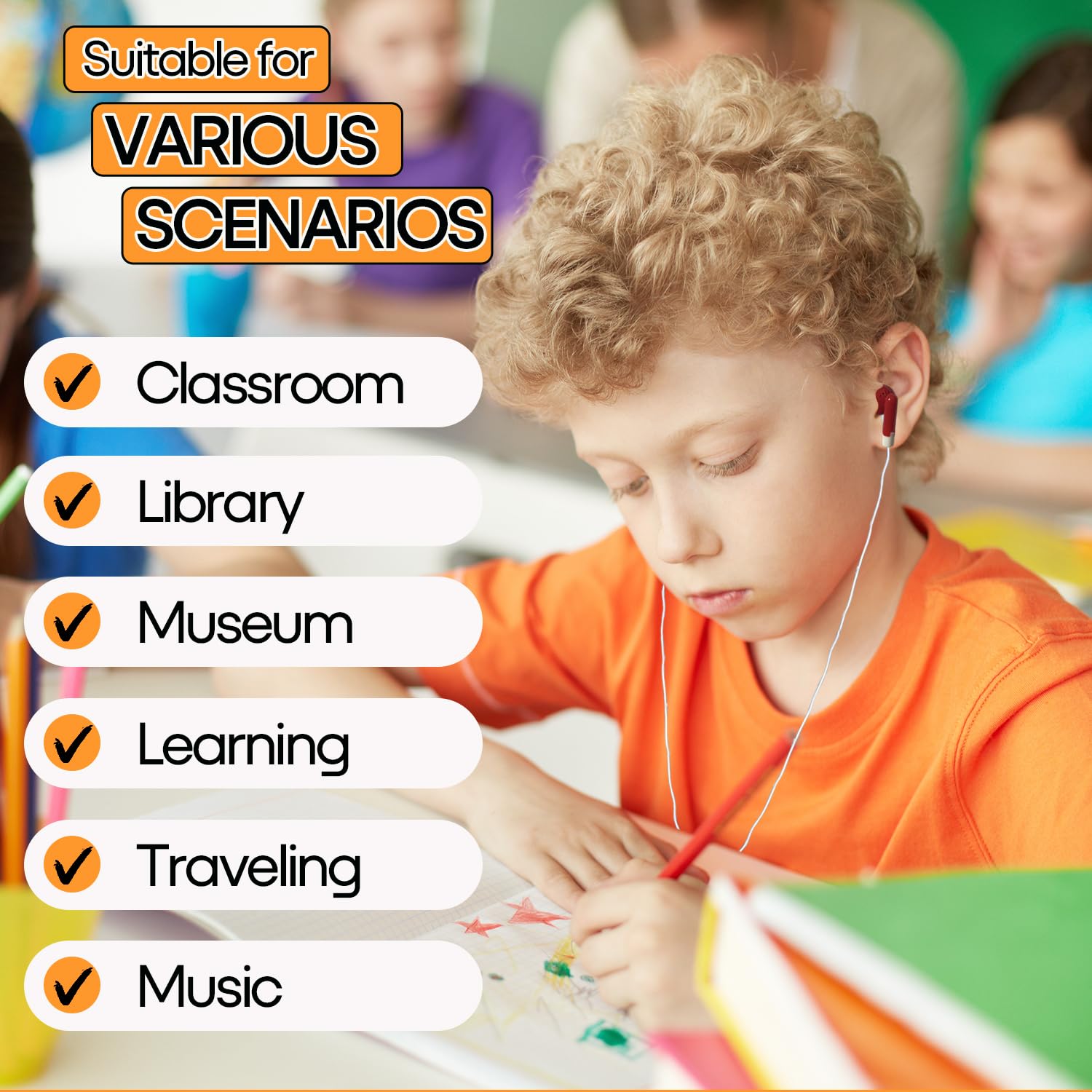Confezione da 200 auricolari per bambini, per scuola, scuola, biblioteca, bambini, studenti, multicolore, confezionati singolarmente (HTC001)