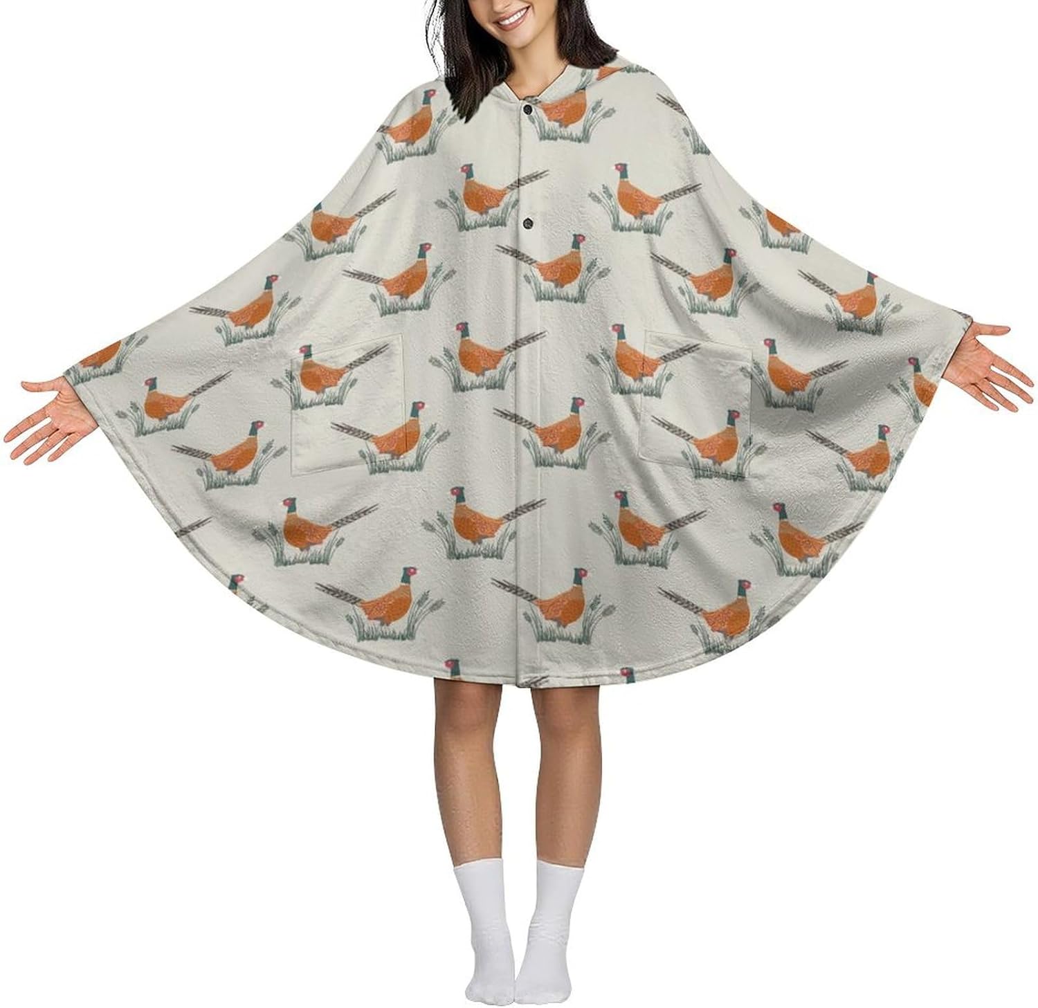 Pheasant On Natural Wearable Blanket with Hooded Flannel Blankets Cape with Pocket