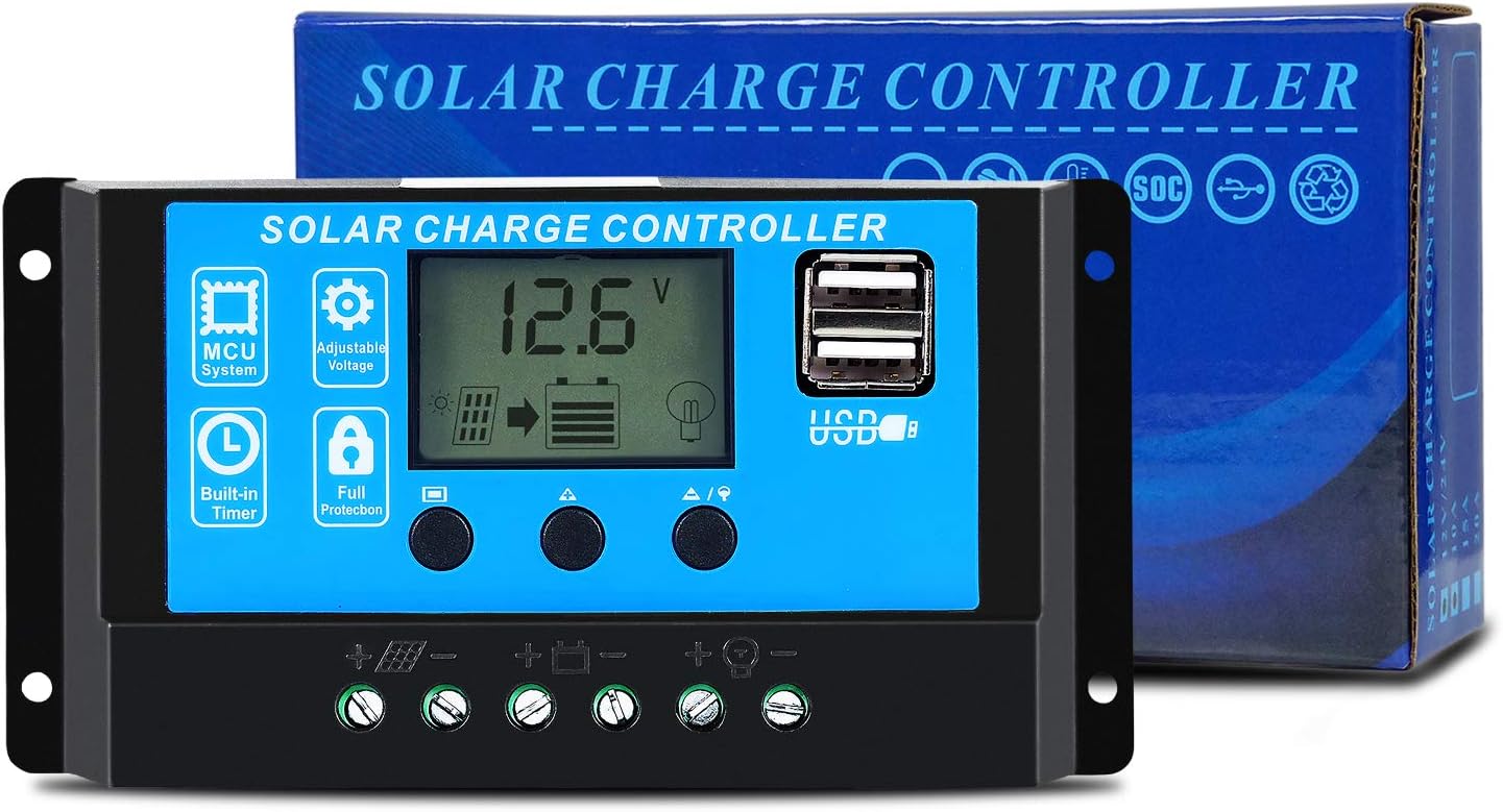 Solar Charger Controller 20a 12V/24V Auto Work Solar Panel Intelligent PWM Charge Controller Regulator with USB Ports LCD Display Overload Protection Timer Setting ON/Off