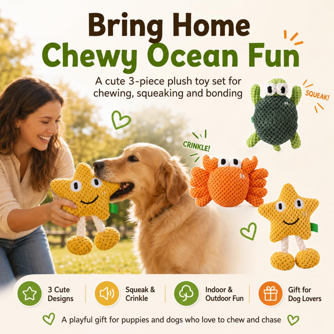 Juguete para Perros con Sonido, Peluche Crujiente para Cachorros y Perros Medianos/Grandes, Interactivo de Enriquecimiento, Algodón Resistente para Lanzar, Tirar y Jugar (Star+Crab)