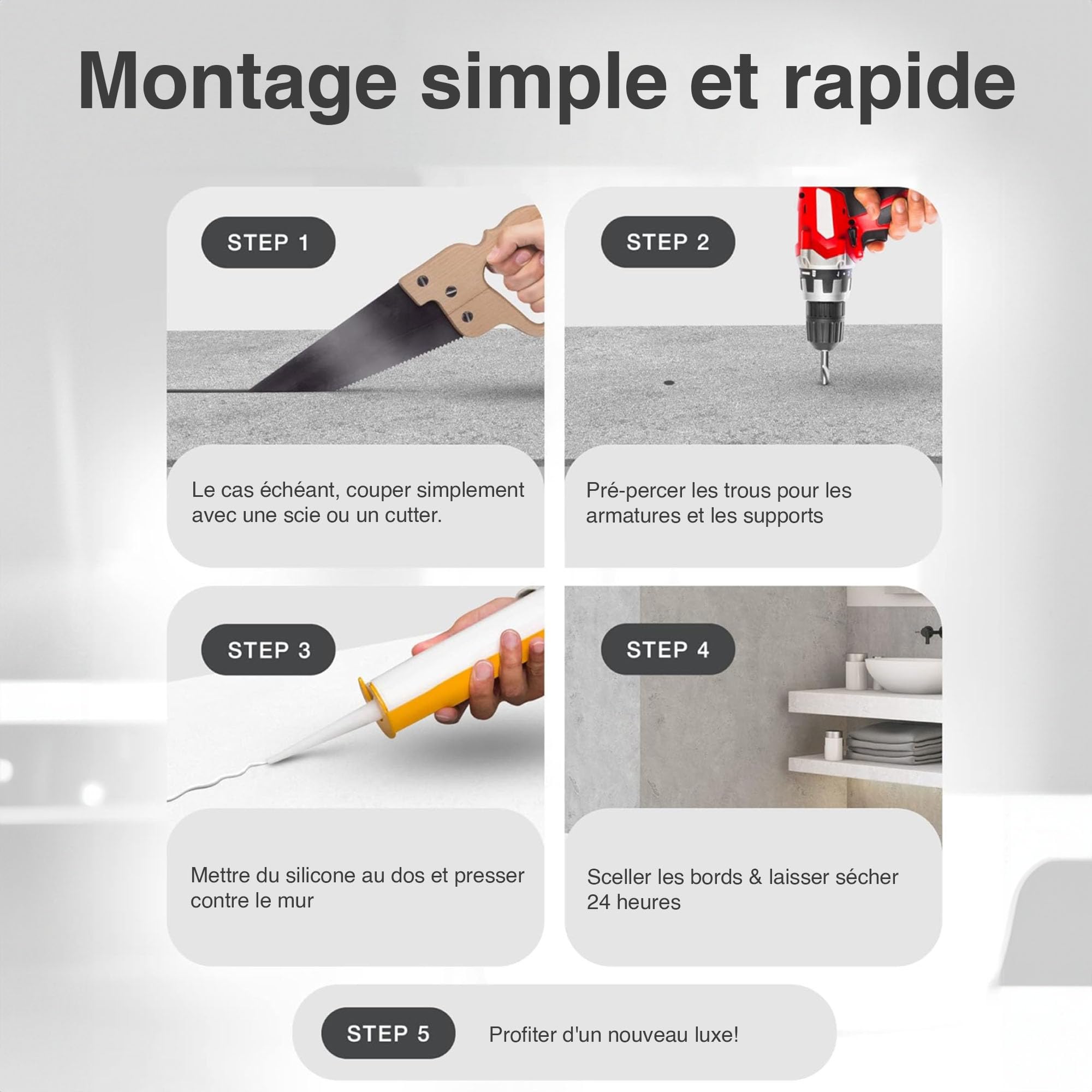 WALLando Panneau mural de douche (Blanc / 250 x 100 cm) – Panneau en PVC facile à installer & résistant à l'humidité – Revêtement mural premium – Fabriqué en Allemagne