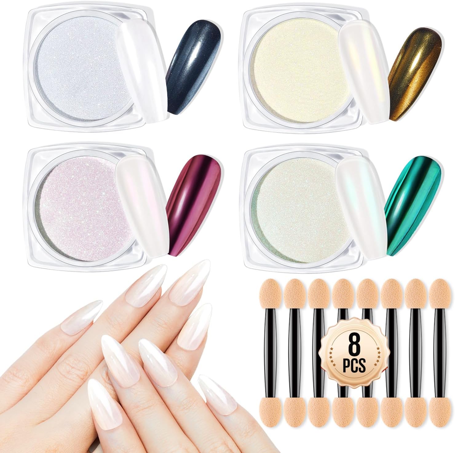 White Pearl Chrome Nail Powder, 4 pcs Magic Chrome Powder for Nails Mirror Effect Chrome Powder Pigment Pearlescent Mermaid Holographic Nail Powder Glitter Art Decoration