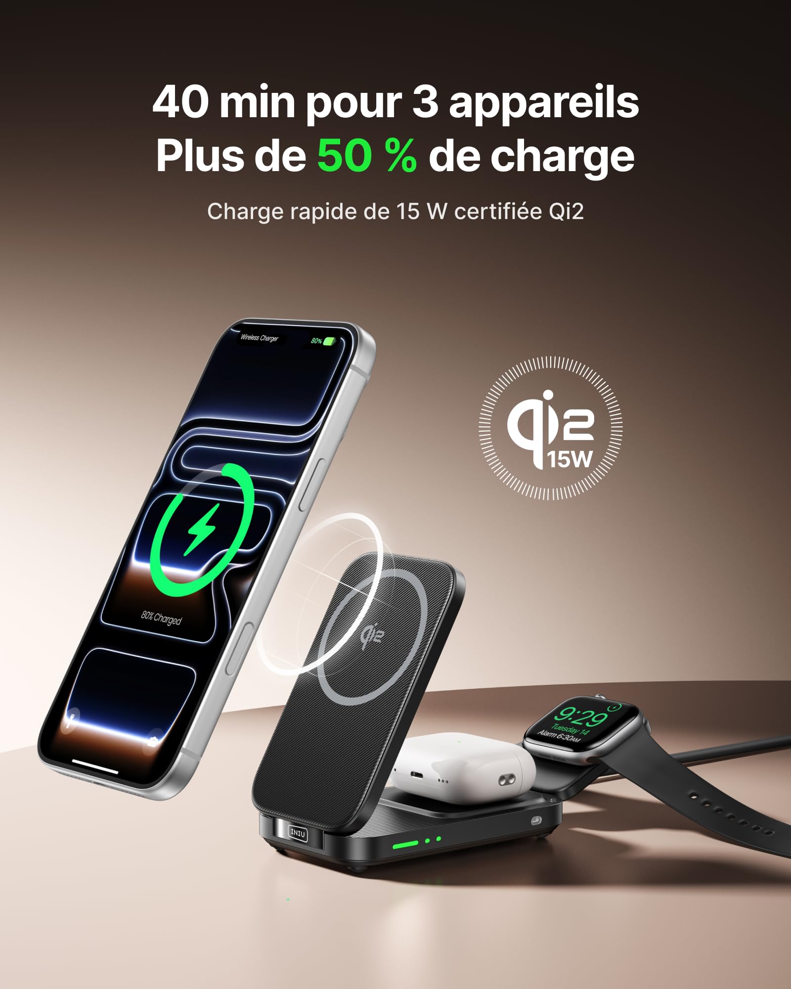 INIU 3 en 1 Chargeur Induction iPhone, 15W Certifié Qi2 Chargeur Sans Fil Magnétique, Station de Charge Rapide Mag-Safe Pliable pour Apple Watch SE iPhone 17 16 15 14 13 AirPods(avec Adaptateur USB C) | Pliable, Idéal pour Voyages, Station de Charge Rapid