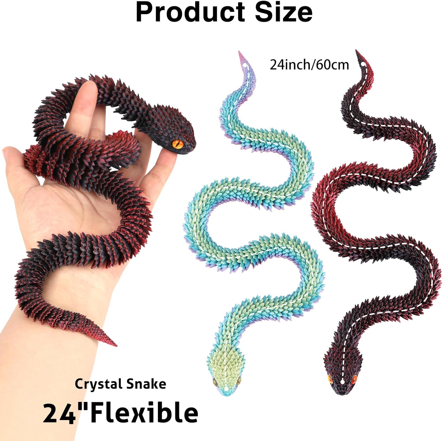 2PCS 24'' 3D Printed Snake,3D Printed Animals,3D Printed Fidget Toys，Articulated Crystal Anaconda，Home Office Executive Desk Decoration Black Red & Rainbow