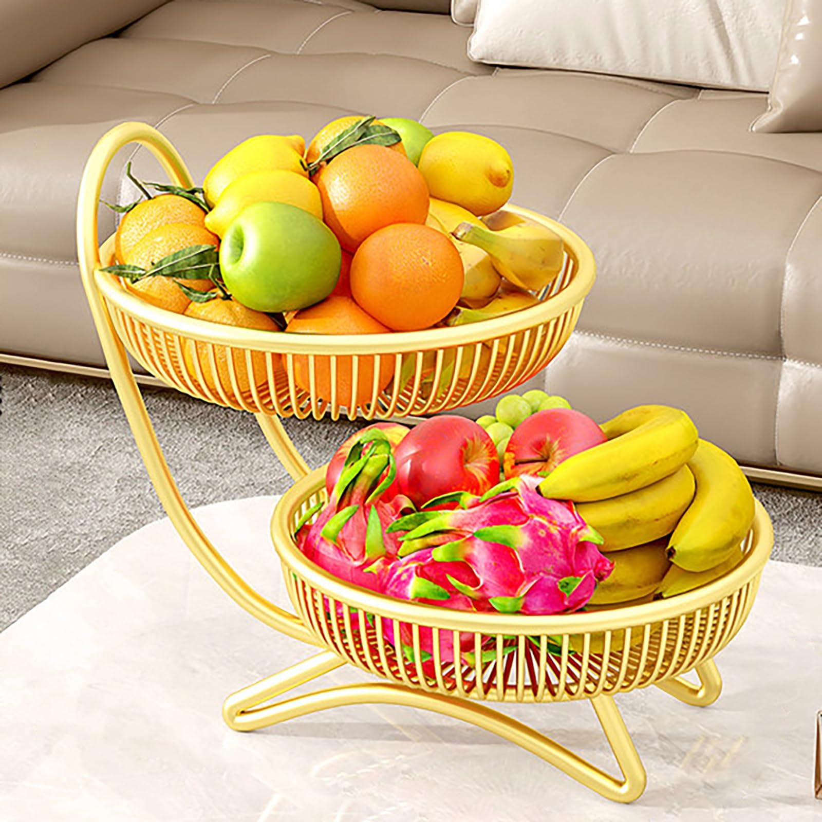 Fruteros de Cocina 2 Pisos Metal Lacado Frutero para Encimera Diseño de Una Sola Pieza Base Estable Cesta Frutas Organizador Verduras(Gold,X-Large)