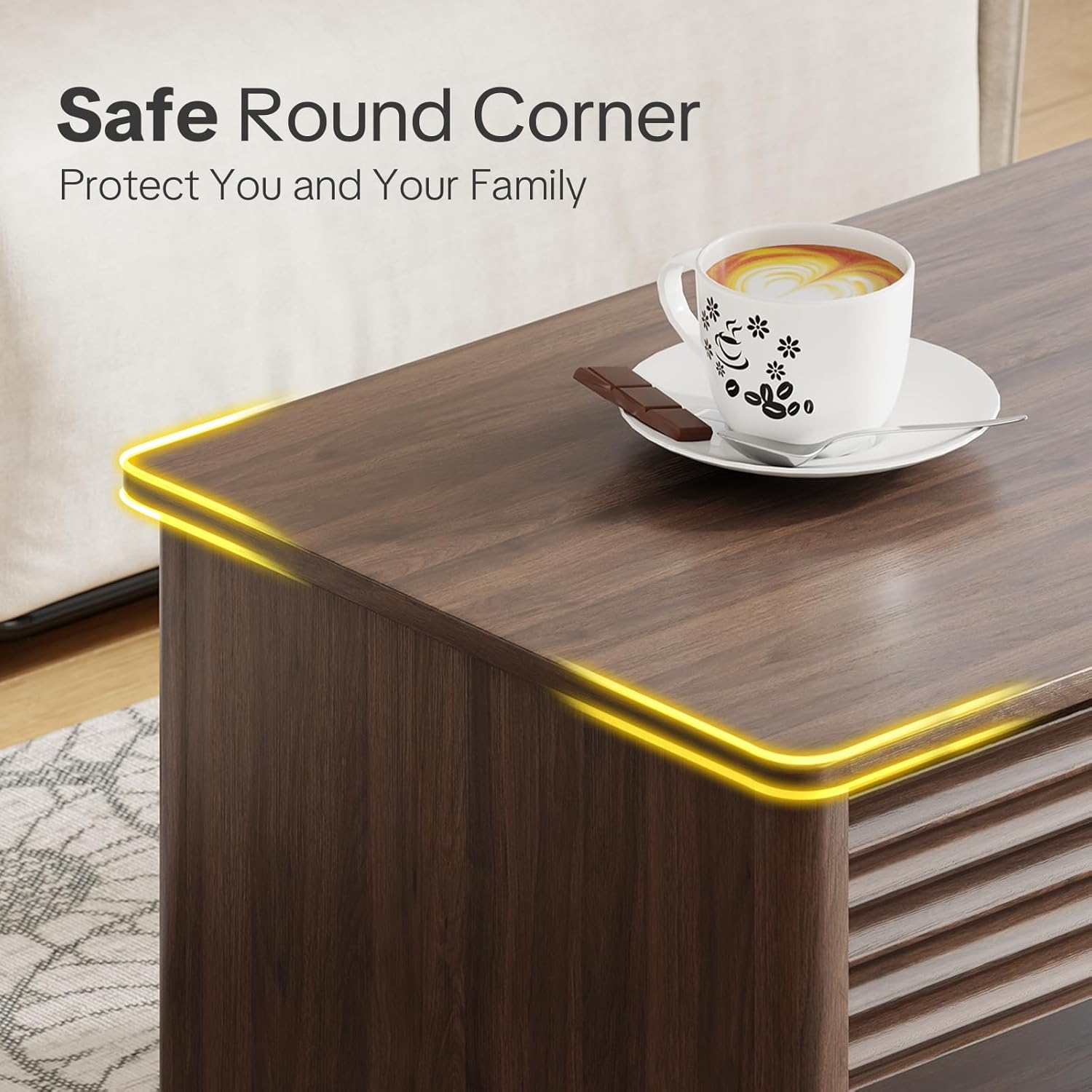 Fluted Lift Top Coffee Table for Living Room, Small Coffee Table with Storage Hydraulic Lift Large Capacity, Sturdy Legs Safe Round Corner, Easy Assembly for Small Spaces, Horizontal Grain-Brown