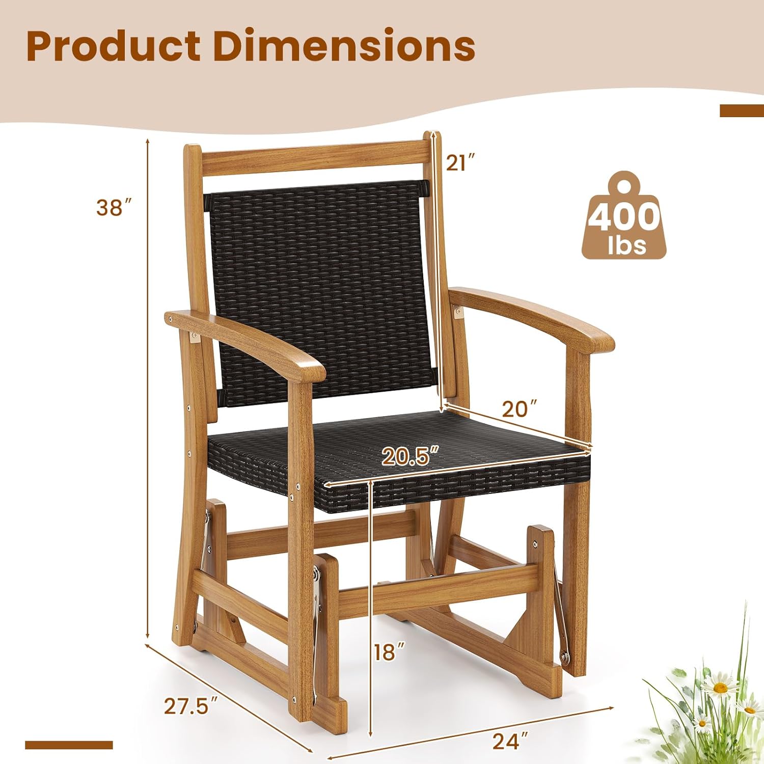Tangkula Patio Rattan Glider Chair, Swing Gliding Rocker w/Acacia Wood Frame & Wicker Seat Back, Outdoor Rocking Armchair w/Curved Armrests for Porch, Backyard, Poolside (1 Seat)