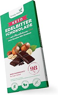 Simply Keto Lower Carb* Schokolade mit Haselnüssen & 60% Kakao - Edelbitter Schokolade ohne Zuckerzusatz - Gesüßt mit Erythrit statt Zucker - Nur 4g Netto-Kohlenhydrate pro 100g - Glutenfrei & Vegan
