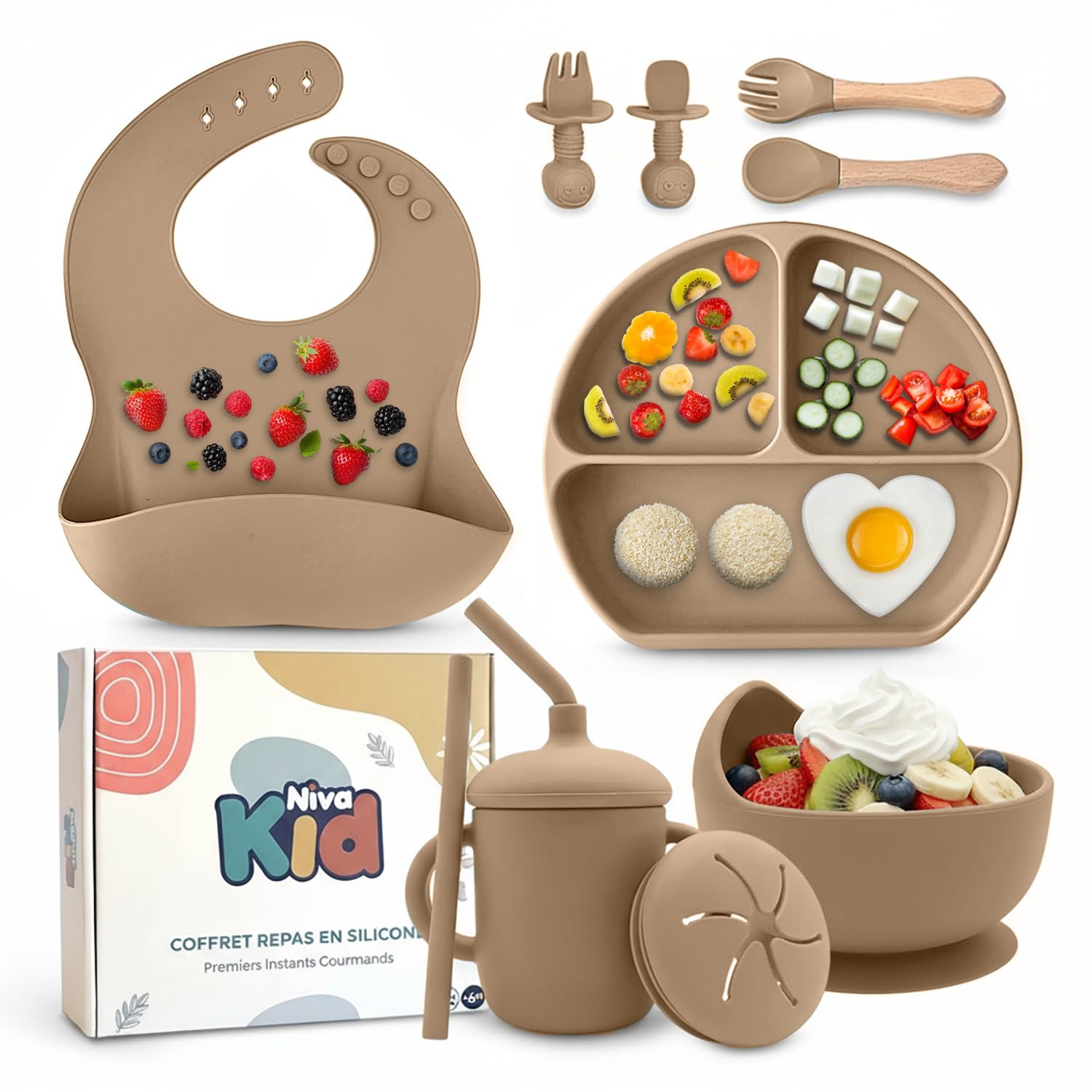 Nivakid Silicone Baby Feeding Set, Suction Plate & Bowl, Spoon and Cup
