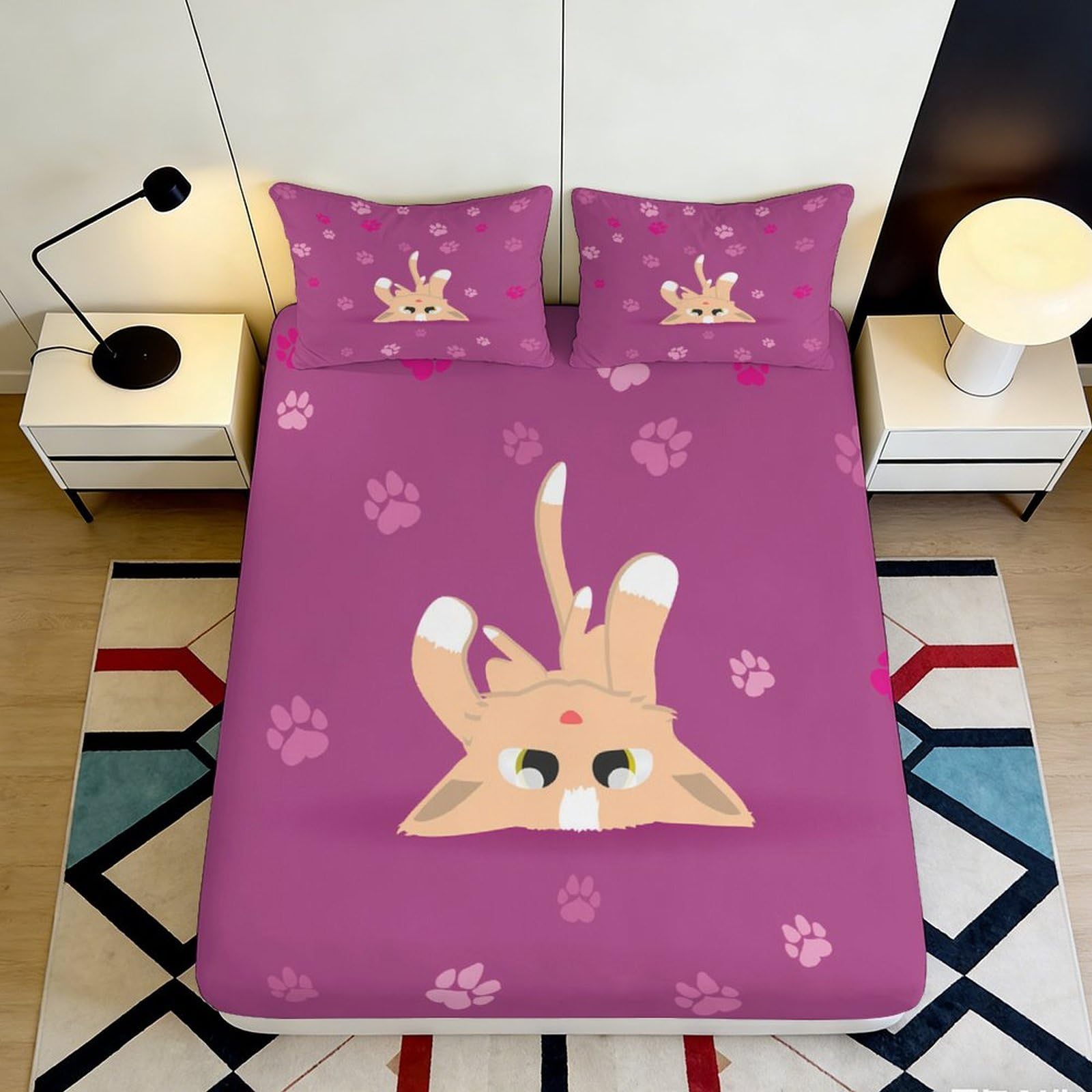 3D Printed Playful Cat Fitted Sheet Microfiber Pink Cartoon Paw Mattress Cover Bedroom Decor Dustproof Washable 90x200x25cm