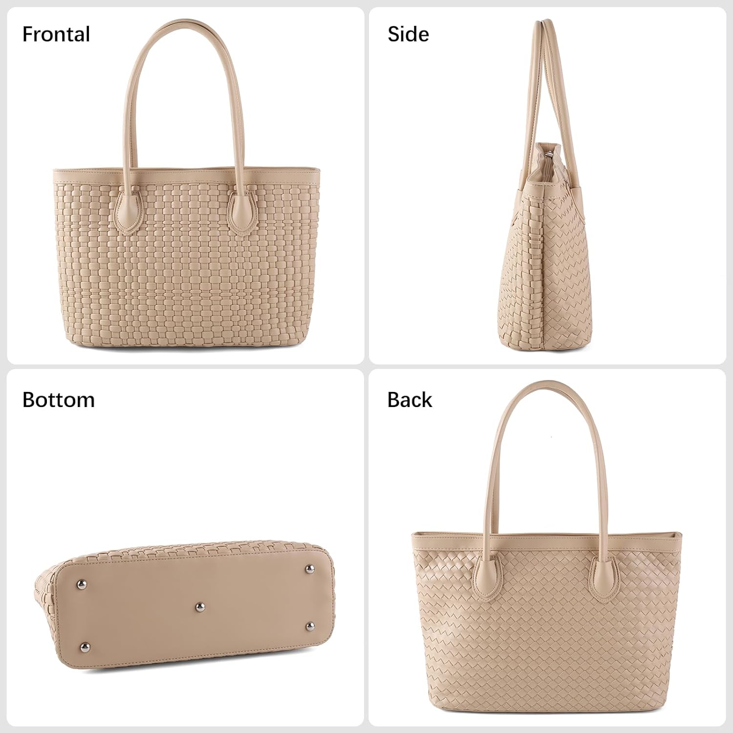 Woven Tote Bag For Women Hand Make Vegan Leather Shoulder Bag Handbag Zip Closure Beach Tote Travel Hand Bag Hobo Bag Top Handle Bag (Apricot Color)