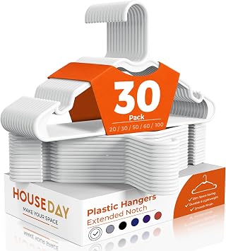 HOUSE DAY White Plastic Hangers 30 Pack, Slim Non-Slip with Extended Notch