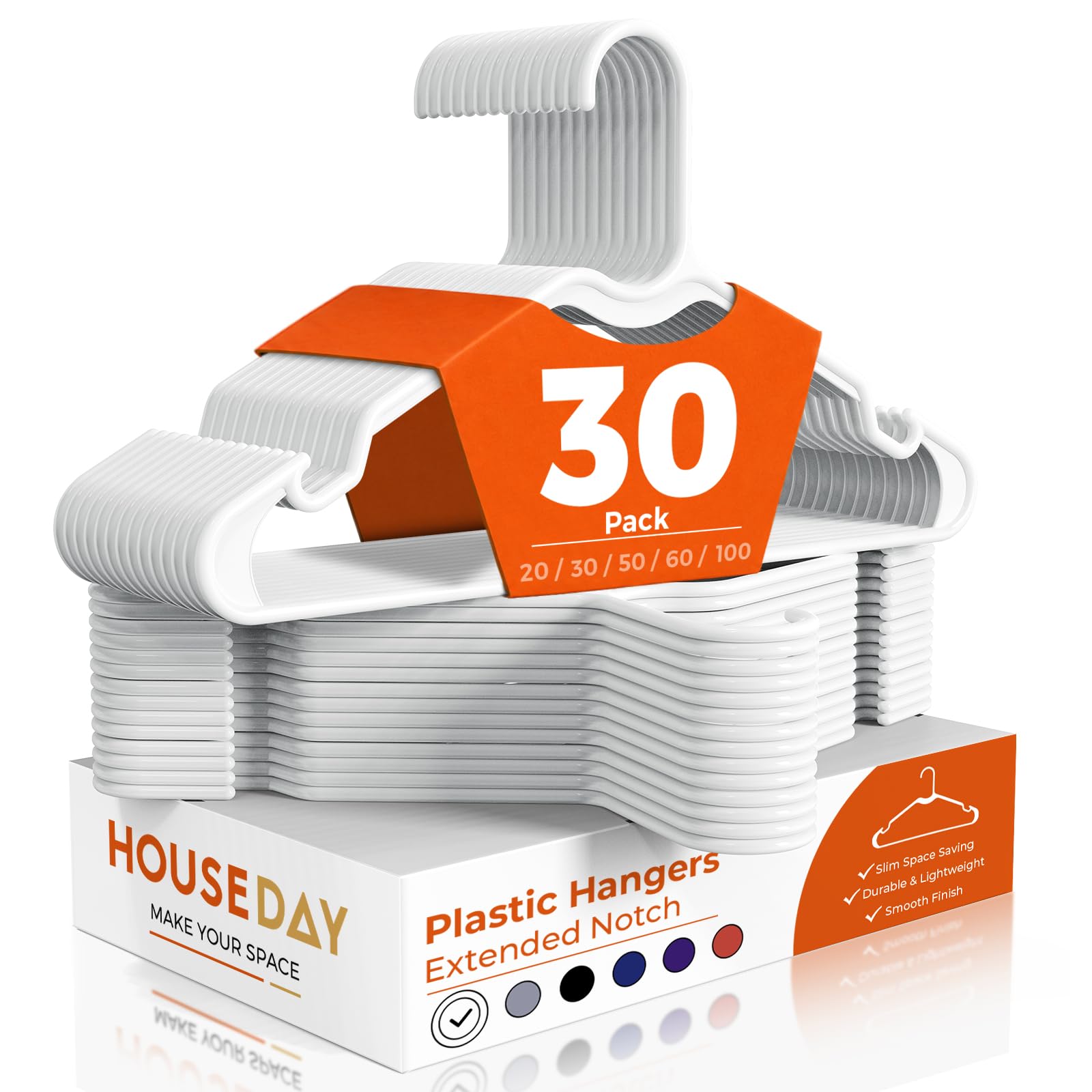 HOUSE DAY Paquete de 30 perchas de plástico blanco, perchas delgadas de 16.25 pulgadas con muesca extendida antideslizante, perfectas para tallas grandes y ajustes curvos, esencial para organización