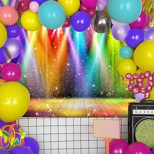 Miniatura 6 de Telón de fondo de discoteca de escenario arcoíris de 7 x 5 pies para fotografía de los años 70, 80 y 90, colorido fondo de música de discoteca rock,
