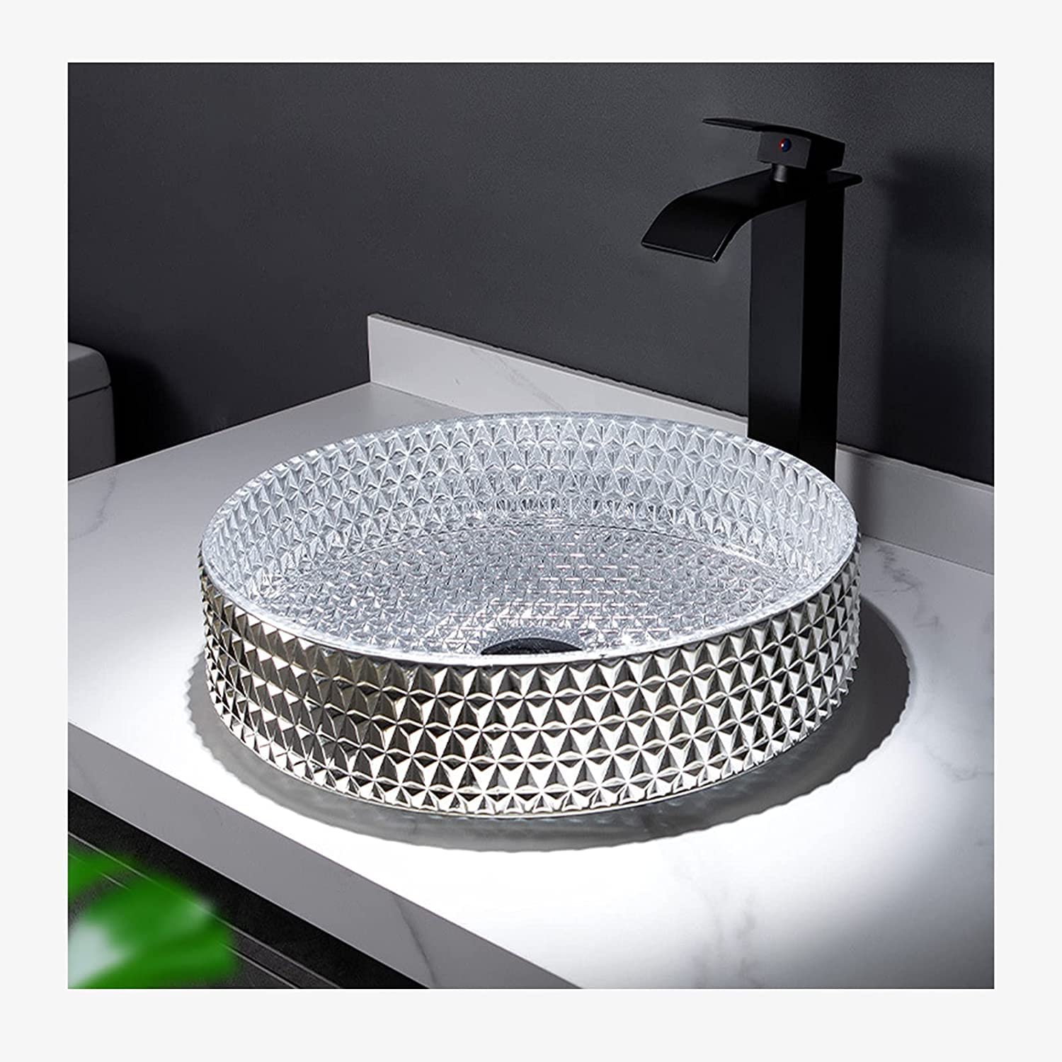 WOTZOV Ceramic Bathroom Sink Bathroom Basin Sink 400Mm Crystal Glass Round Vessel Sink, Artistic Bathroom Lavatory Bowl Basin, Creative Countertop Washbasin With Faucet Mounting,Silverwhiteartbasin