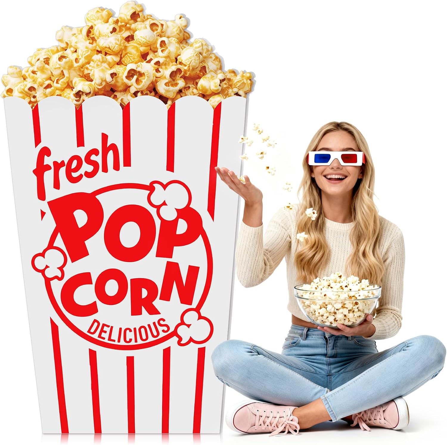 Carnival Circus Party Decoration, 47" Giant Popcorn Box Cardboard Cutout Stand up, Large Striped Red & White Popcorn Box Photo Props for Movie Night, Carnivals, Circus, Theme Party, Theater
