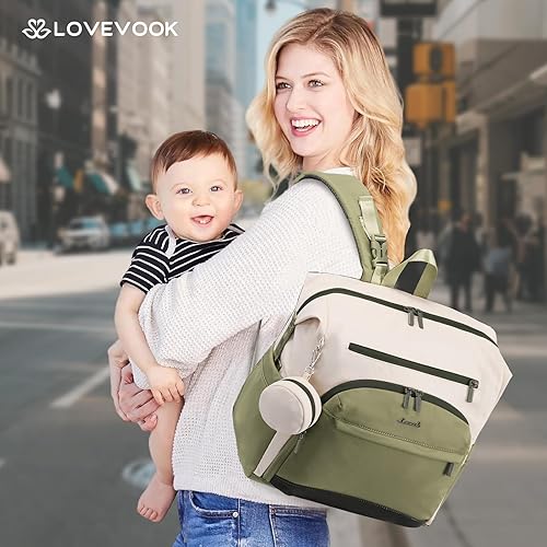 Miniatura 13 de LOVEVOOK Mochila para pañales, bolsa de bebé con cambiador, mochila impermeable para pañales para mamá papá, linda bolsa de mamá para niño y niña