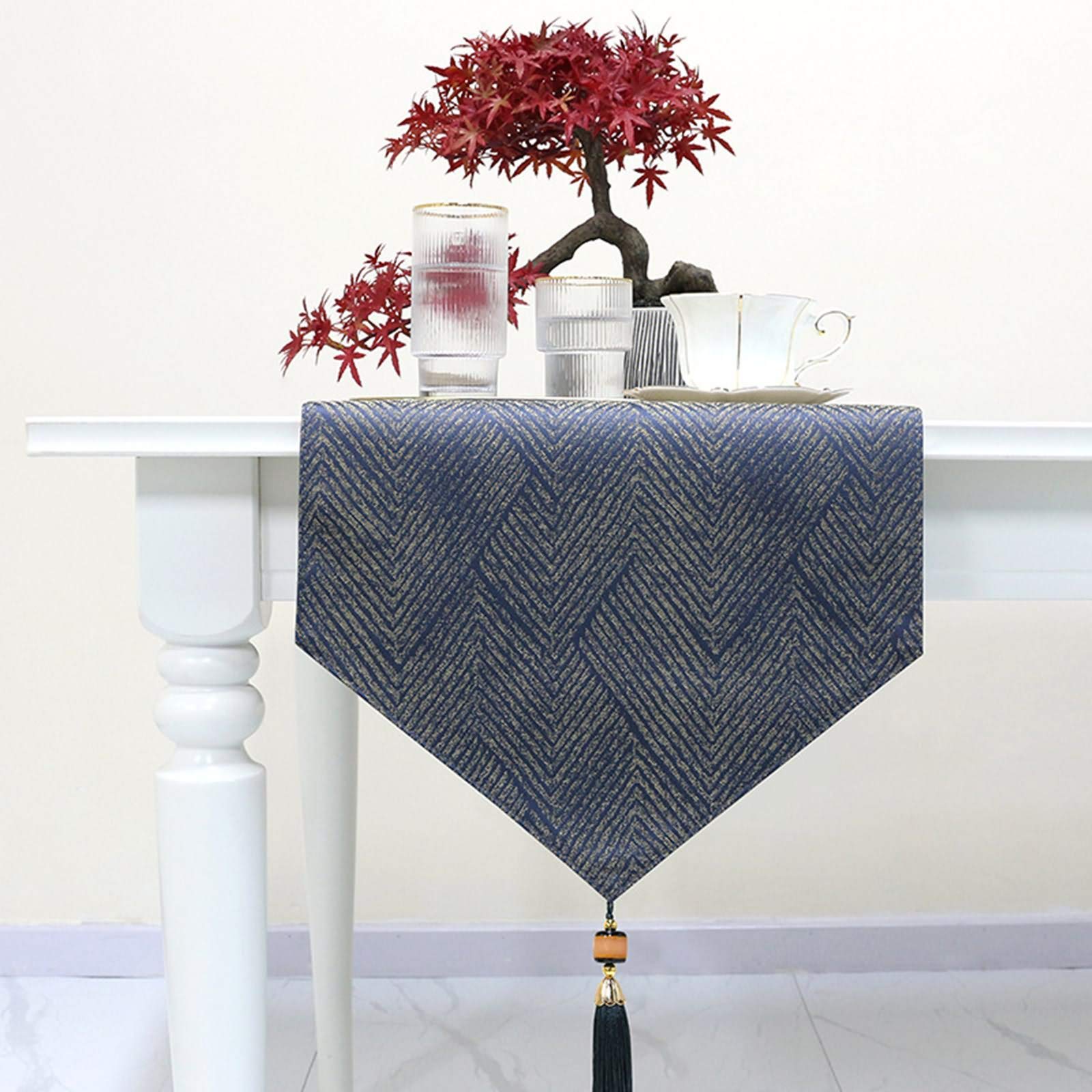 Runner Moderno Tavolo, Cotone Motivo jacquard a spina di pesce con nappina Runner da Tavola Decorazione da Tavola per Compleanni & Matrimoni (Blu scuro Oro, 35 x 183 cm)