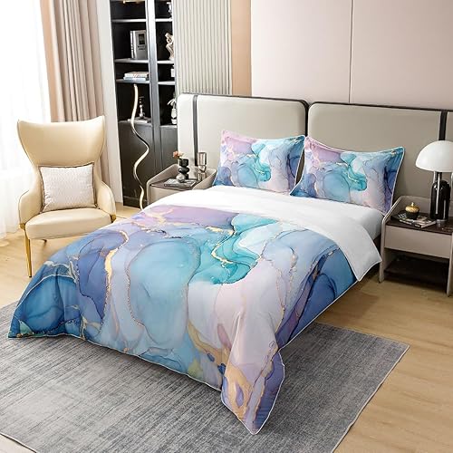 Miniatura 3 de Erosebridal Juego de funda de edredón 100% algodón orgánico rosa, azul y dorado, juego de ropa de cama de mármol colorido para jóvenes, funda de