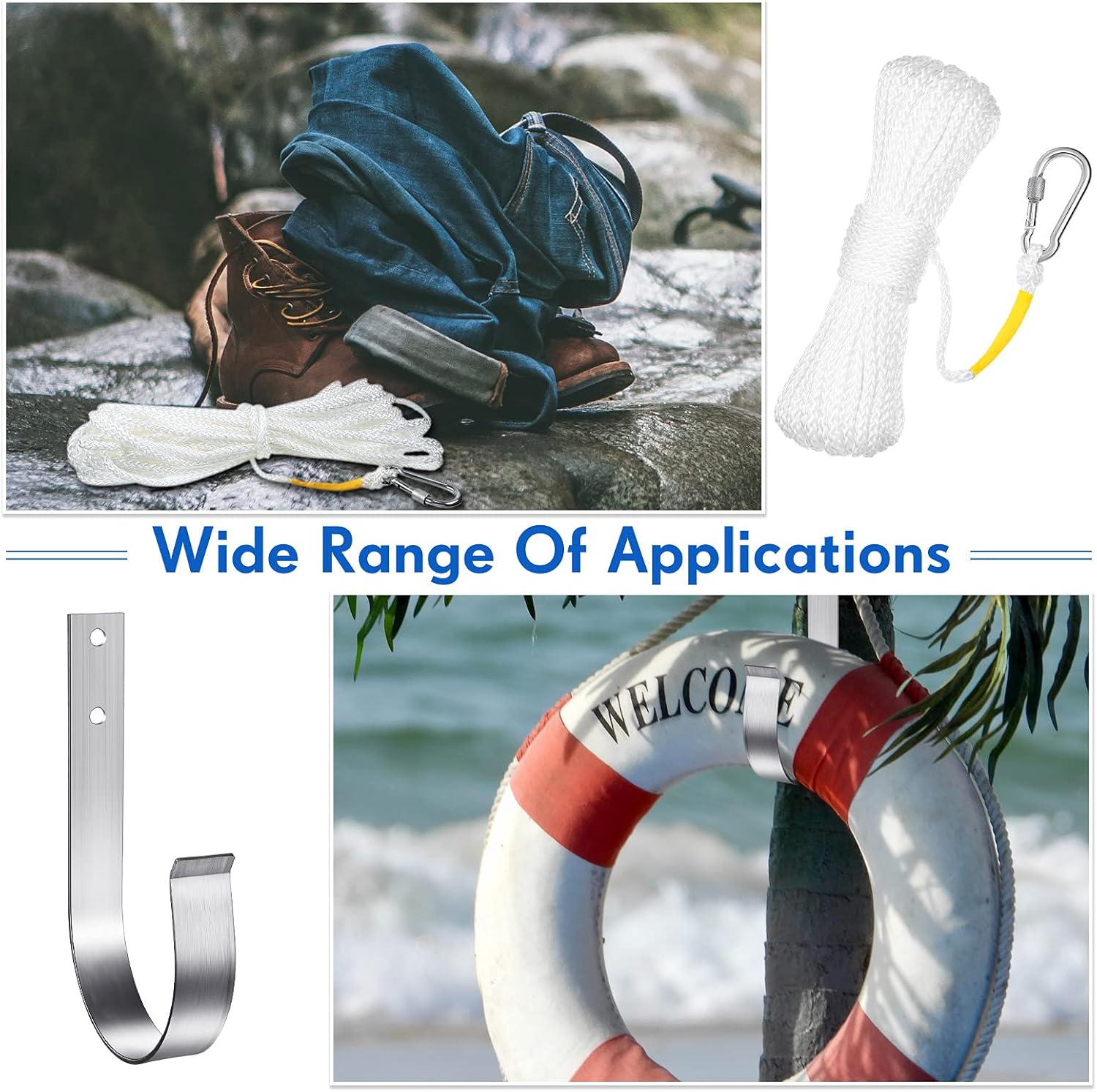 Shappy 15 M/50 Ft Hollow Braided Polypropylene Rope Heaving Line with Spring Hook for Ring Buoy Bracket Pool Life Preserver Ring Rope (White)