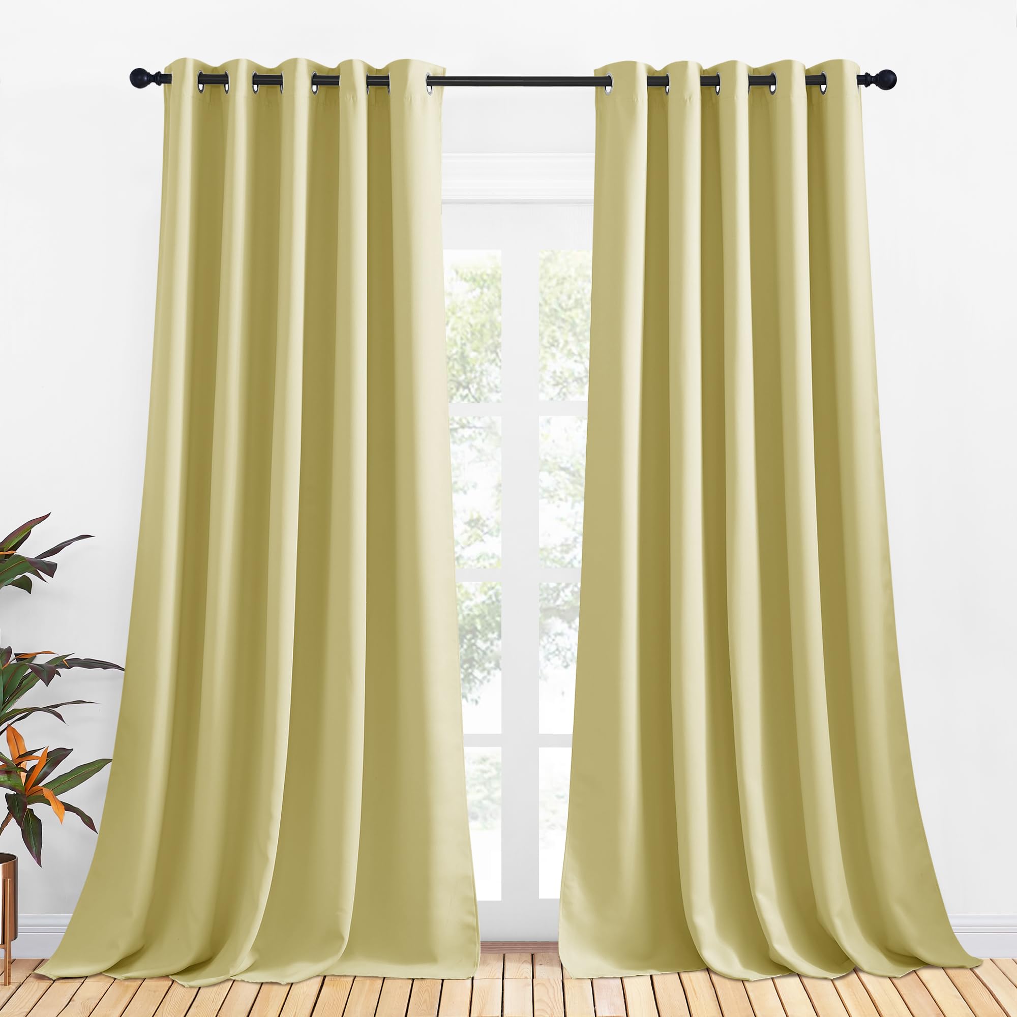 NICETOWN Bedroom Curtains Blackout Drapery Panels, 2 Panels, 70 x 108 inches, Paler Yellow, Three Pass Microfiber Thermal Insulated Solid Ring Top Blackout Window Curtains/Drapes