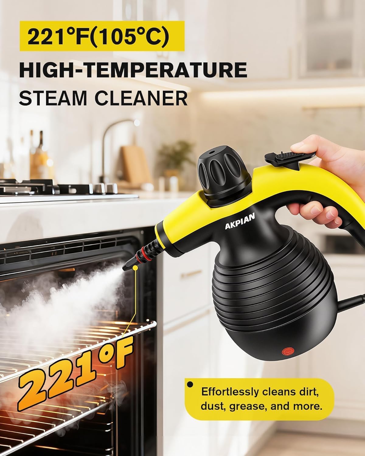 Handheld Steam Cleaner, 1050W Rapid-Heating Stainless Steel Boiler, Safety Locking Mechanism, Includes 10 Cleaning Tools, Deep Cleans Kitchens, Bathrooms, Cars, Windows, and More, Black