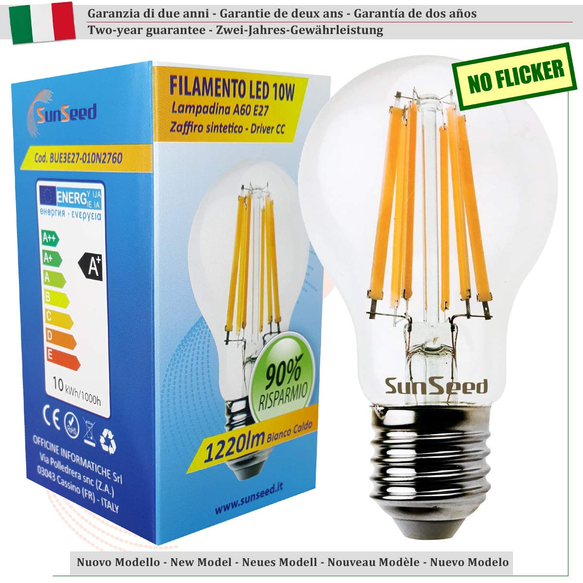 SUNSEED 10x Bombilla Estándar Filamento LED E27 10W = 83W Blanco Cálido 2700K