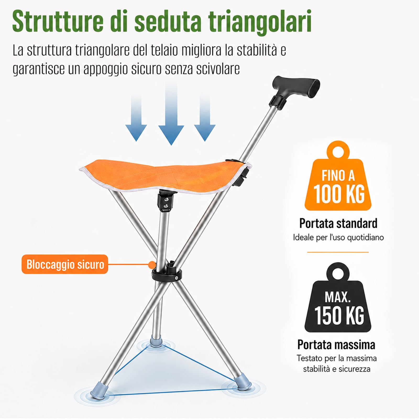 Bastone da passeggio triangolare con sedile, 2 in 1, pieghevole, leggero da 150 kg, per anziani e adulti, ideale per viaggi all'aperto, campeggio e alpinismo