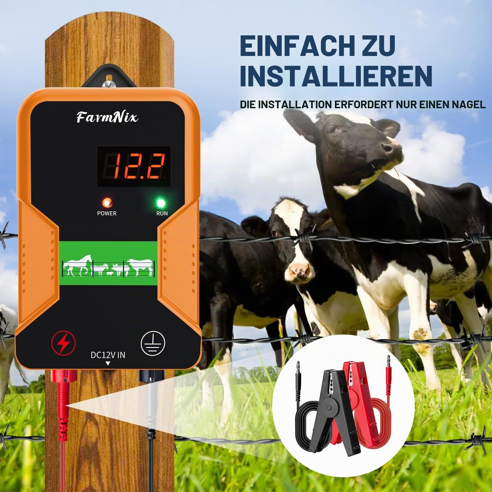 Weidezaungerät 12V mit LED Anzeige, 2J 15 KM 230V Elektrischer Weidezaun, Elektrozaun für Hunde, Wasserdicht Weidezaun Elektrisch für Schutz von Nutztieren, Haustieren, Geflügel, Hausweide, Gärten