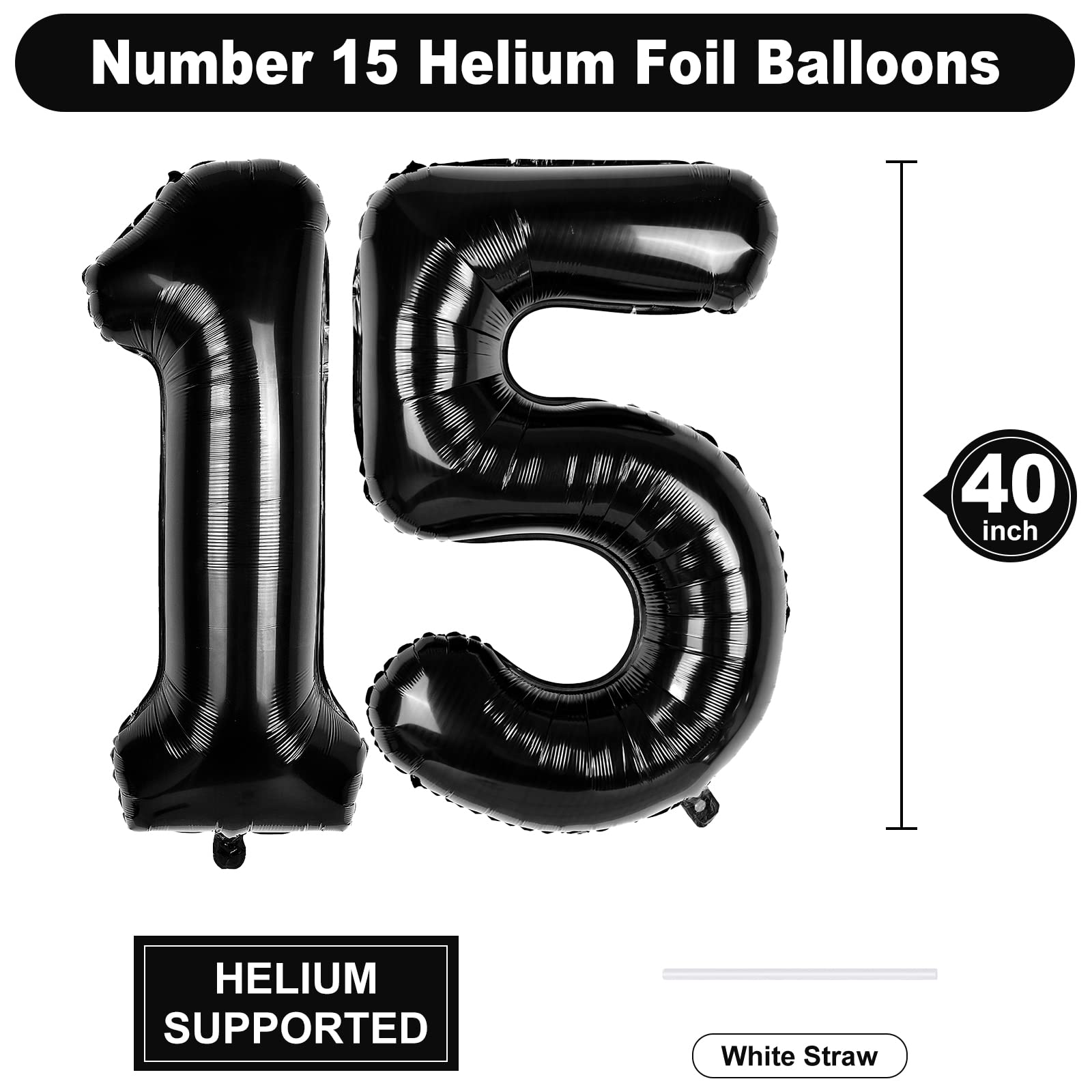 Large Black Balloon Number 15,40 Inch Black 15th Mylar Foil Helium Birthday Decoration Balloons?Black 15 Balloons For Wedding Anniversary Birthday Party Decors,15 Year Old Boy Girl Birthday Balloons