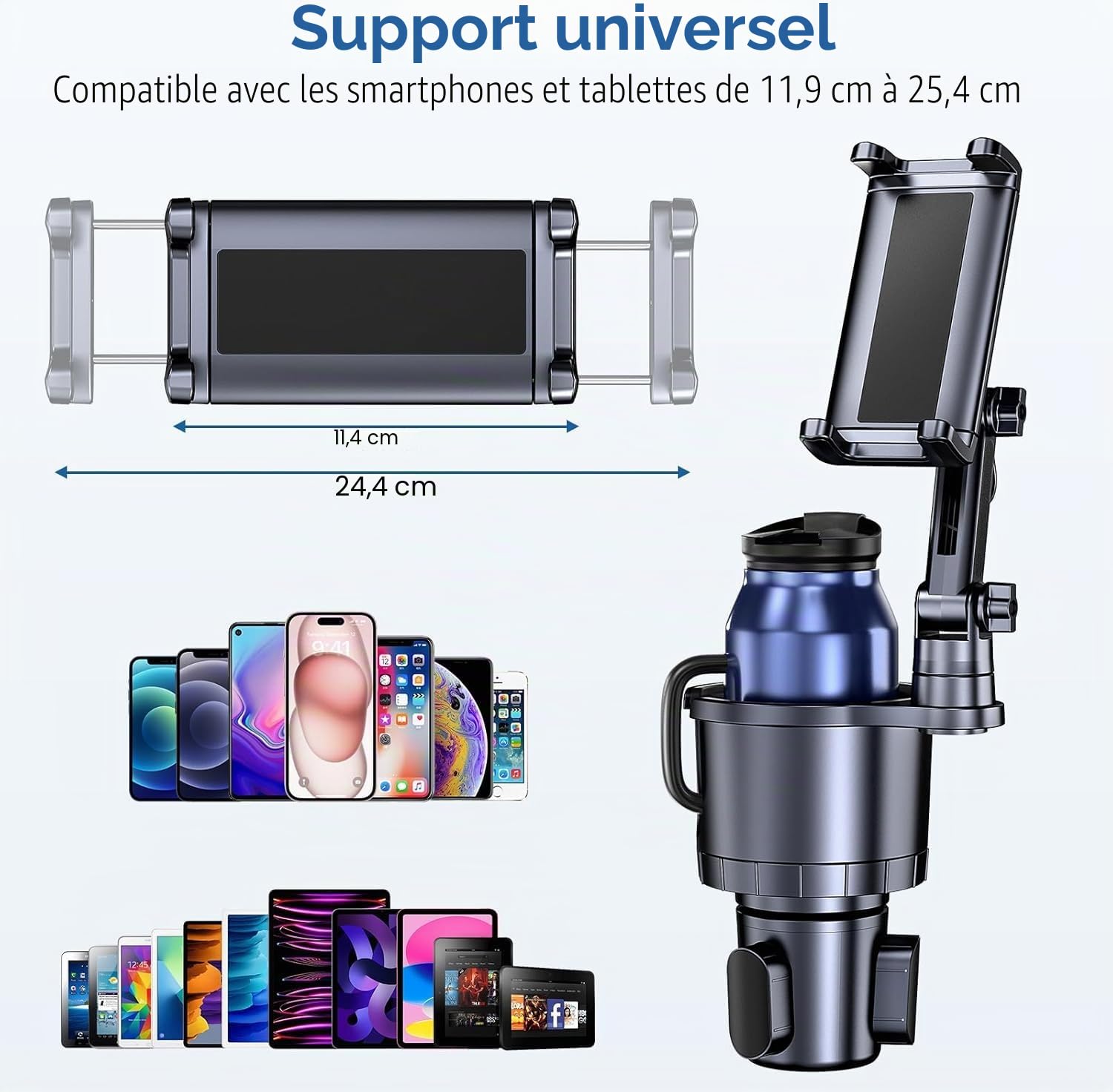 Support de téléphone portable 2 en 1 pour tasse, porte-gobelet de voiture avec long bras réglable, rotatif à 360 °, compatible avec tablette, tous les smartphones