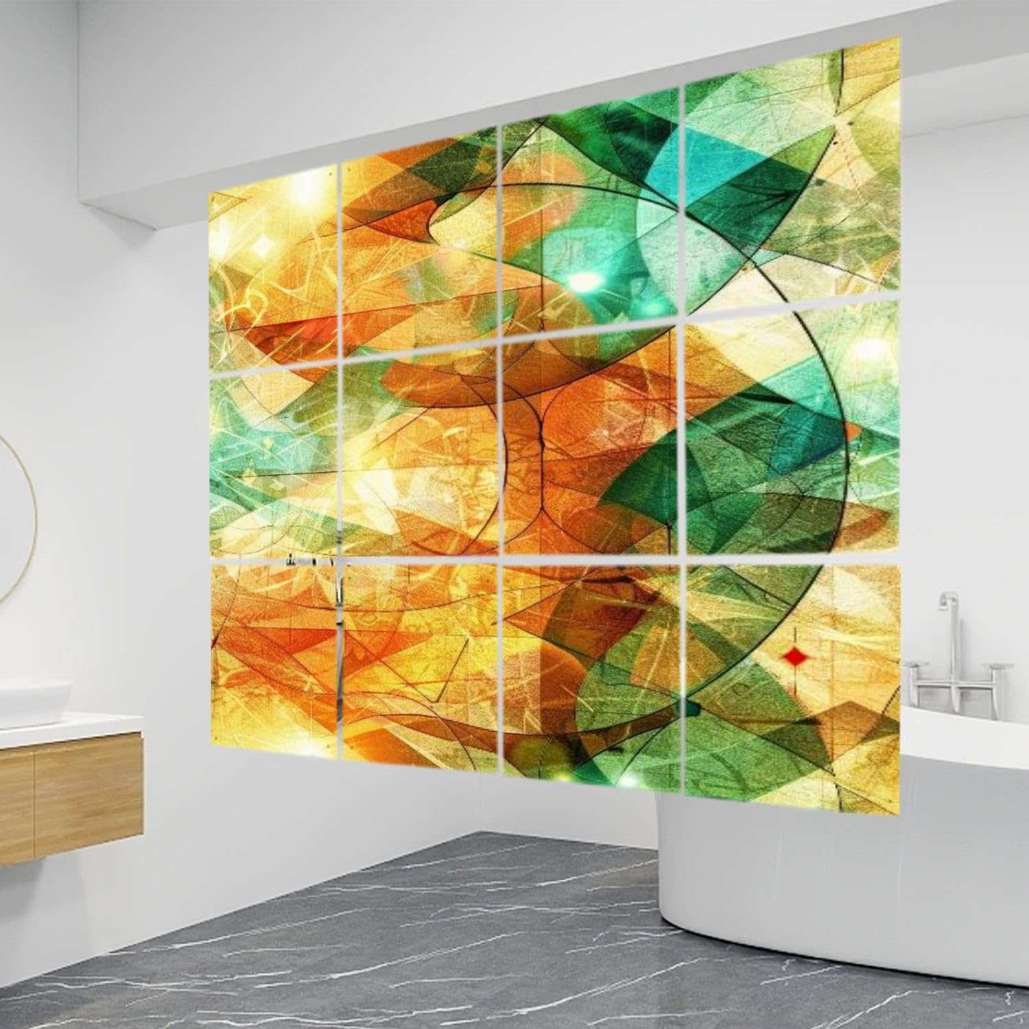 12 PCS Hanging Room Divider Candlelit Stained Glass Artwork Turquoise Hues Decorative Solid PVC Board Screen Panels Room Partition Wall Screen Panels for Bedroom Living Dining Room